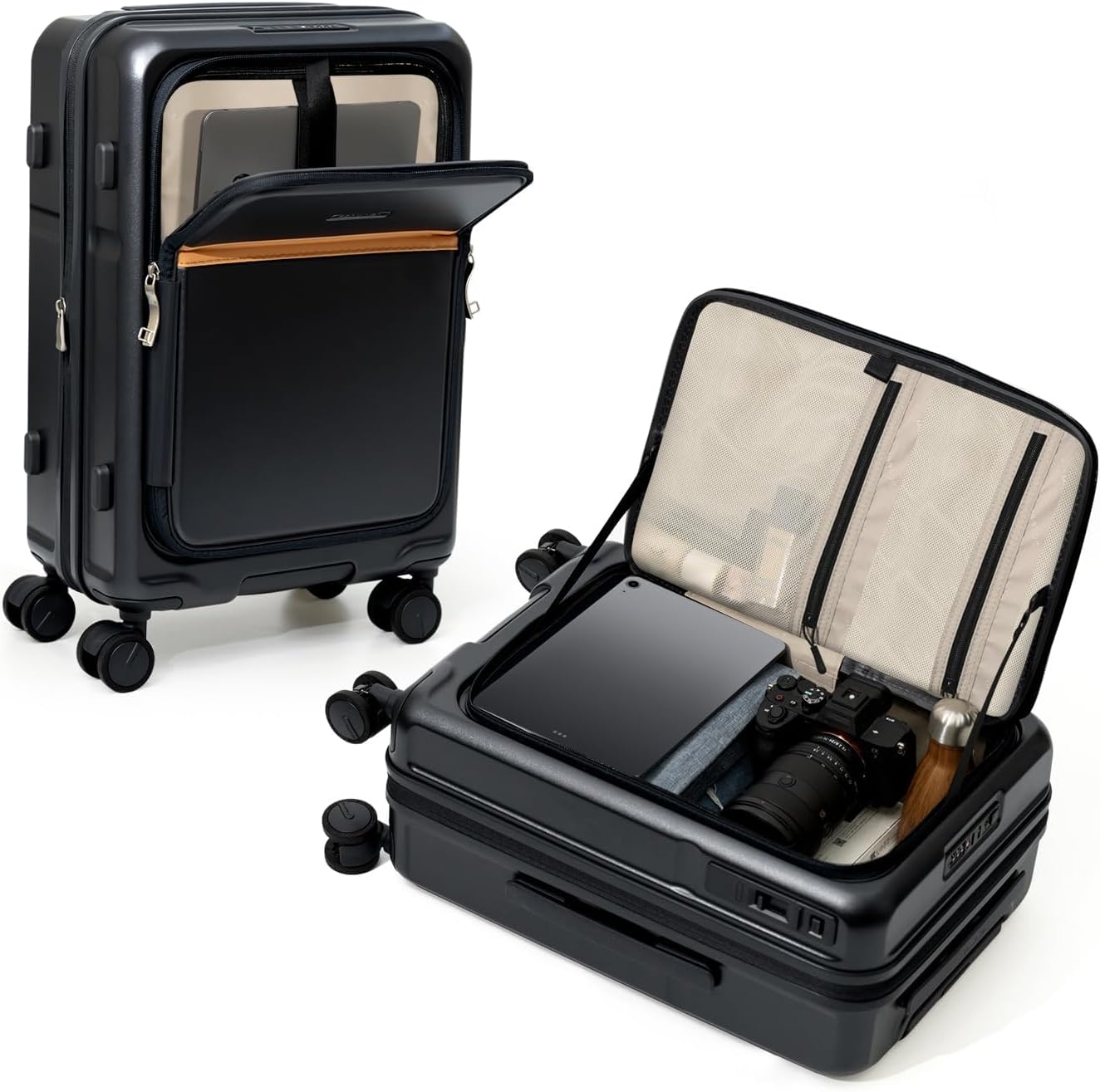 ROAMING Expandable 24-Inch Checked Luggage with Mute Brake Wheels Airline Approved Hard Shell Suitcases with Front Pocket Top Opening Luggage with TSA Lock for Short Business Travel, Black