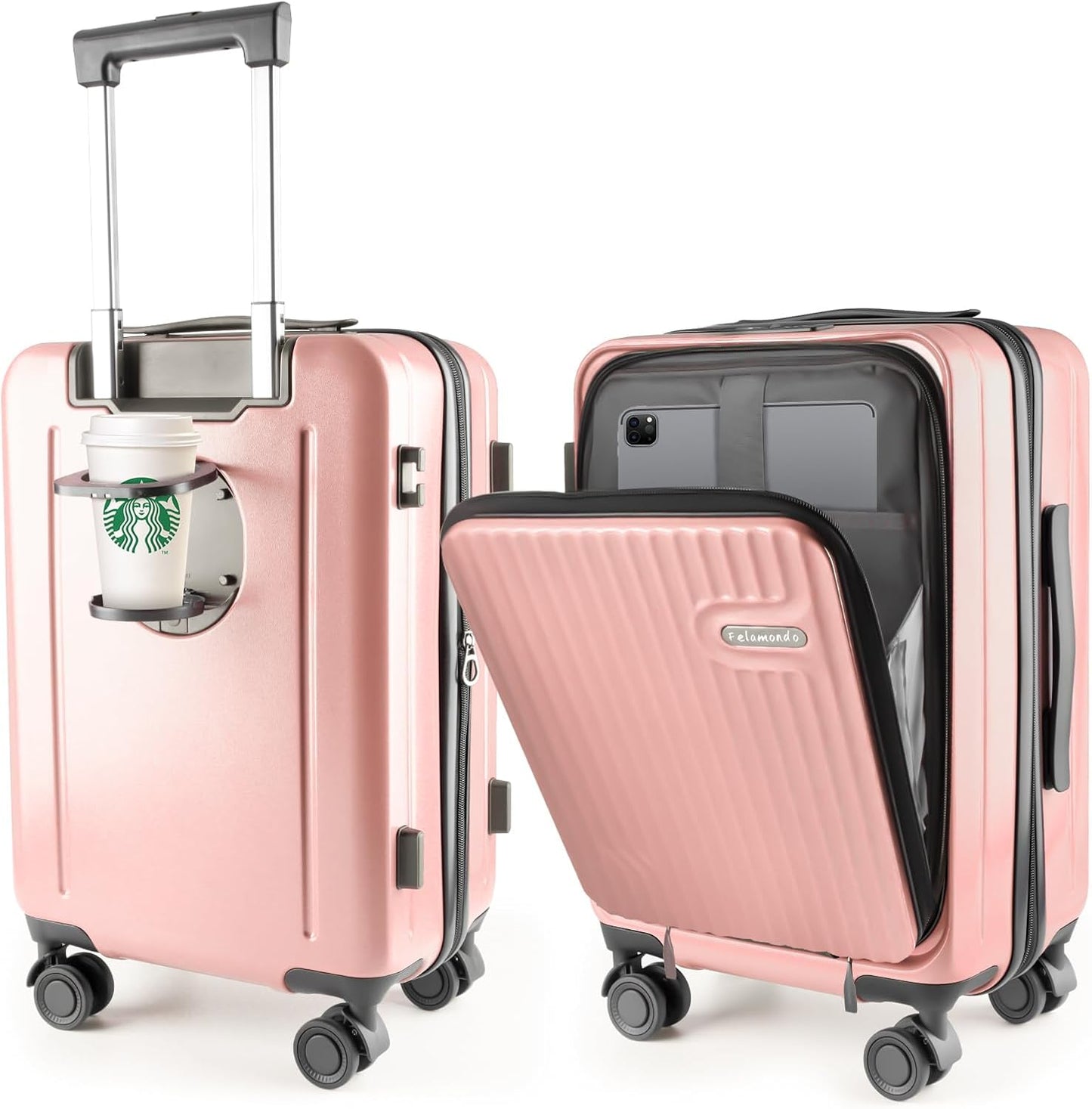 19-Inch Hardshell Carry-On Luggage with Front Compartment, 360-Degree Spinner Wheels, TSA Lock, Cup Holder & Bag Hook - Airline Approved Business Travel Suitcase (pink)