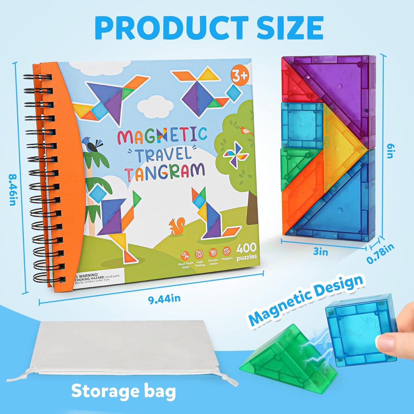 Magnetic Tangram Puzzle with 3D Building Blocks, Road Trip Essentials Travel Tangram with 400 Solution Montessori Travel Toys for Kids Magnetic Puzzles Brain Teasers for Kids Adults