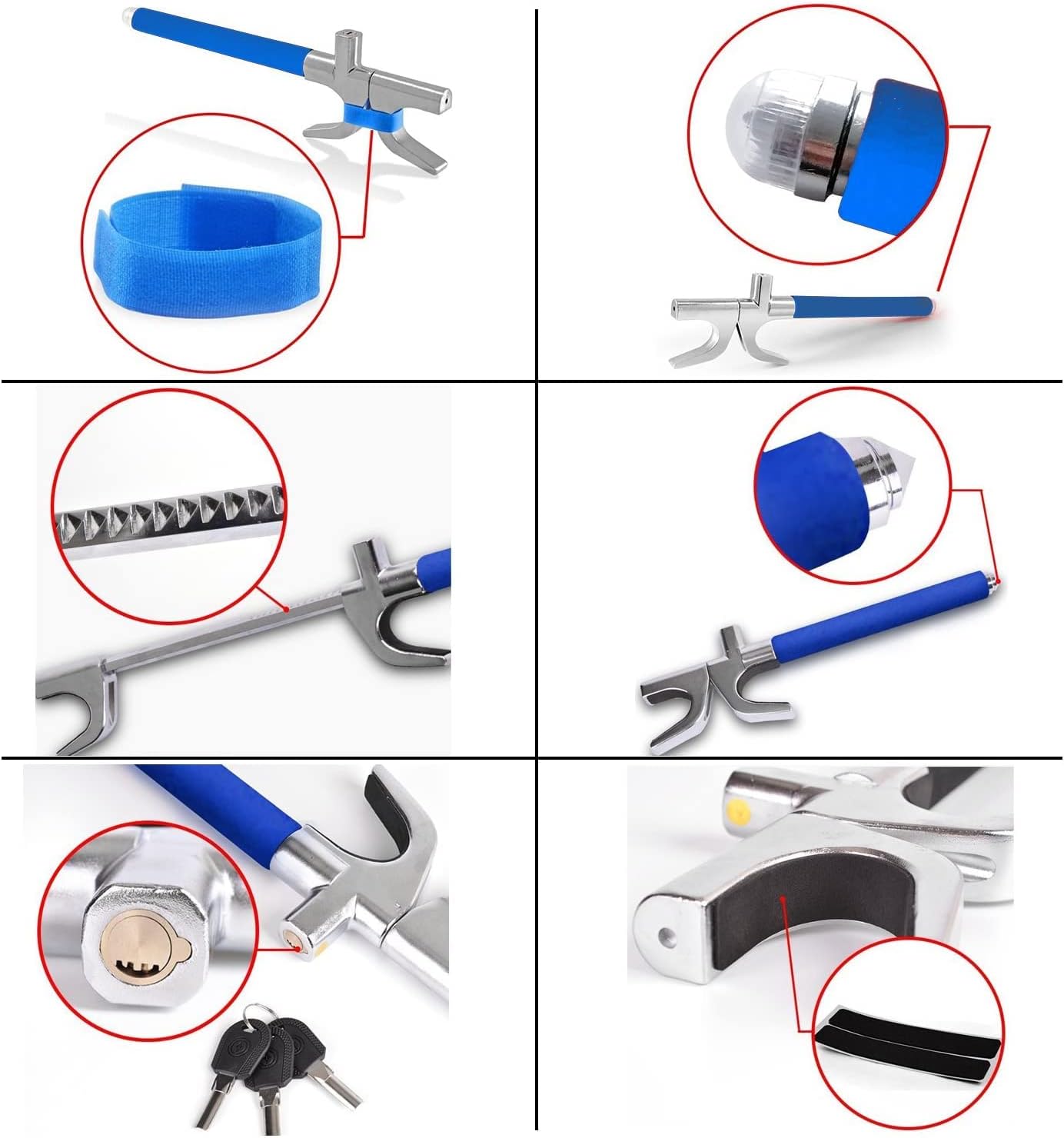 Tevlaphee Steering Wheel Lock Anti-Theft Car Device, Blue, Key Lock, Protects Against Prying, Sawing, Hammering, and Freon Attacks