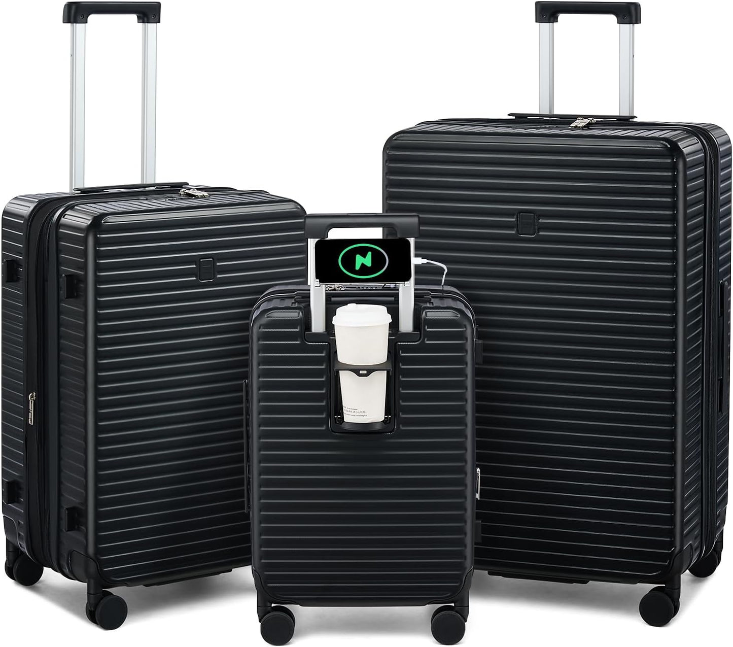 Hard Shell Suitcases Expandable Travel Luggage Sets 3 Piece, Carry on and Check in 3 Piece Luggage Suitcase Sets with Spinner Wheels Cup Holder Charger Built in (Black, 20/24/28)