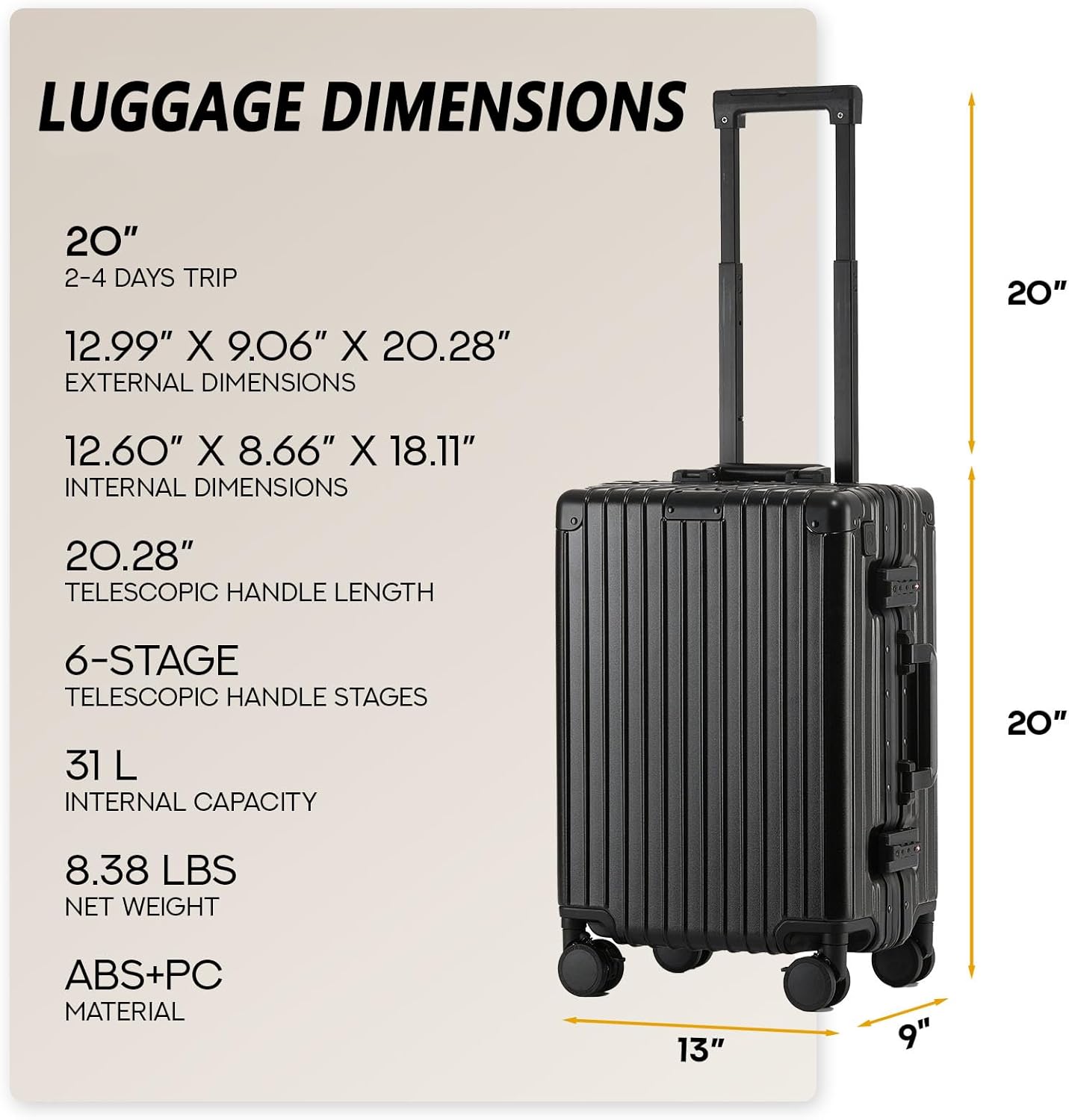 20 Inch Aluminum Frame Carry On Luggage 22x14x9 Airline Approved with Spinner Wheels,Zipperless Hard Shell Small Rolling Suitcases with TSA Approved USB Port,Cup & Phone Holder,Black