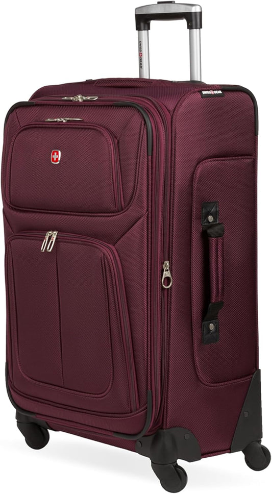 SwissGear Sion Softside Expandable Luggage – Medium Checked Suitcase with 360 Degree Wheels & Retractable Handle – 25 Inch, Perfect for 1-7 Night Trips – Merlot