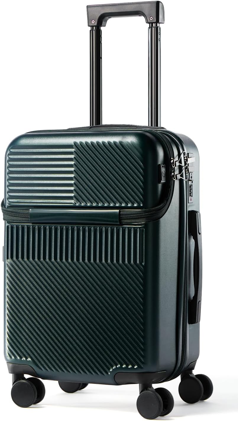 UrbanExplorer 20 Inch Carry-On Luggage with Front Opening, Cup Holder & USB Port, Lightweight ABS+PC Hardshell Spinner Suitcase, Airline Approved, 360° Wheels, Dark Green