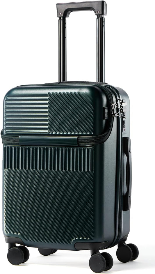 UrbanExplorer 20 Inch Carry-On Luggage with Front Opening, Cup Holder & USB Port, Lightweight ABS+PC Hardshell Spinner Suitcase, Airline Approved, 360° Wheels, Dark Green