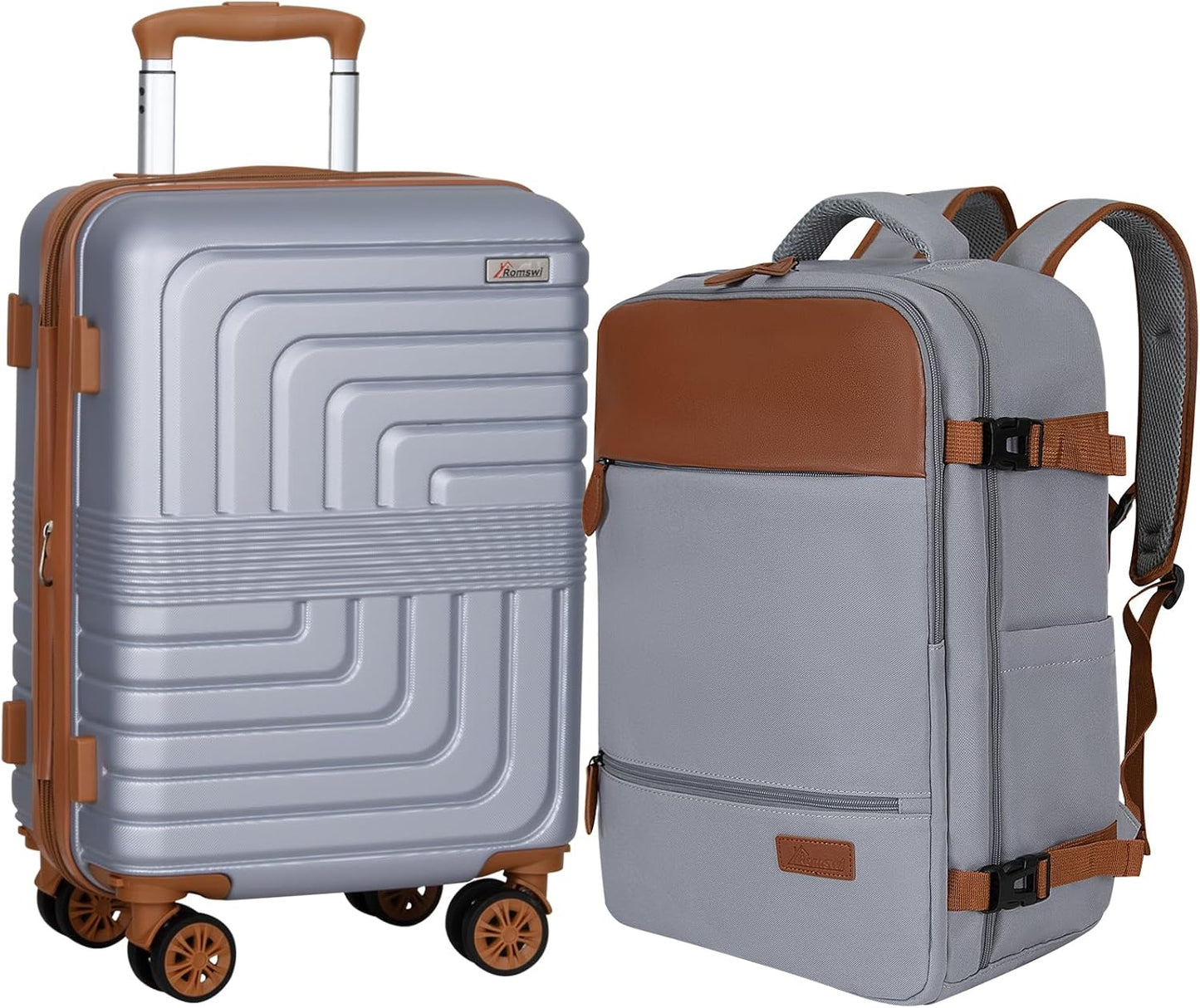 Romswi Luggage Sets 2 Piece 22In, Expandable 22x14x9 Carry On Luggage with Travel Backpack, PC+ABS Hardside Suitcase Set with TSA Lock, Durable Carry On Suitcase with Spinner Wheels Silver