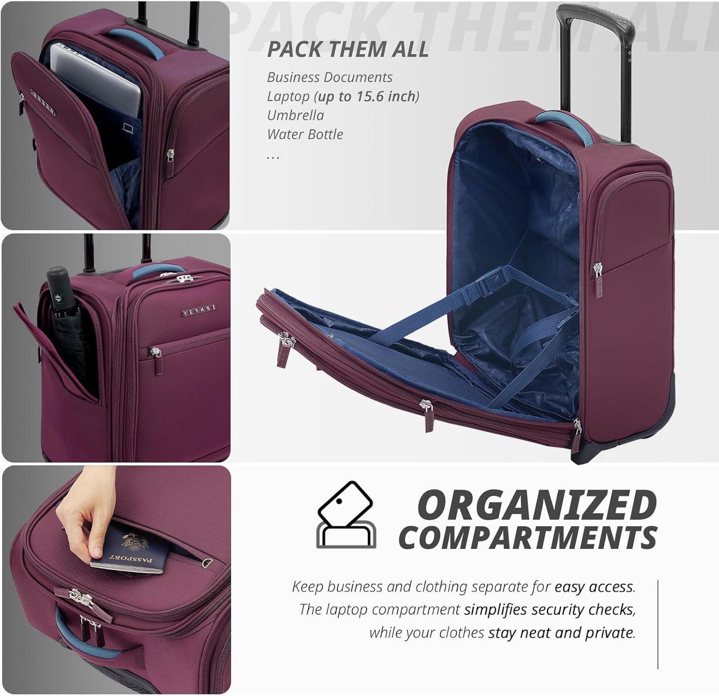 Verage Under Seat Luggage with Wheels, Softside Expanable Small Suitcase Carry On Luggage Bags for Airlines Airplanes Short Trip Men Women (Grape red, 16-Inch Rolling Underseat)