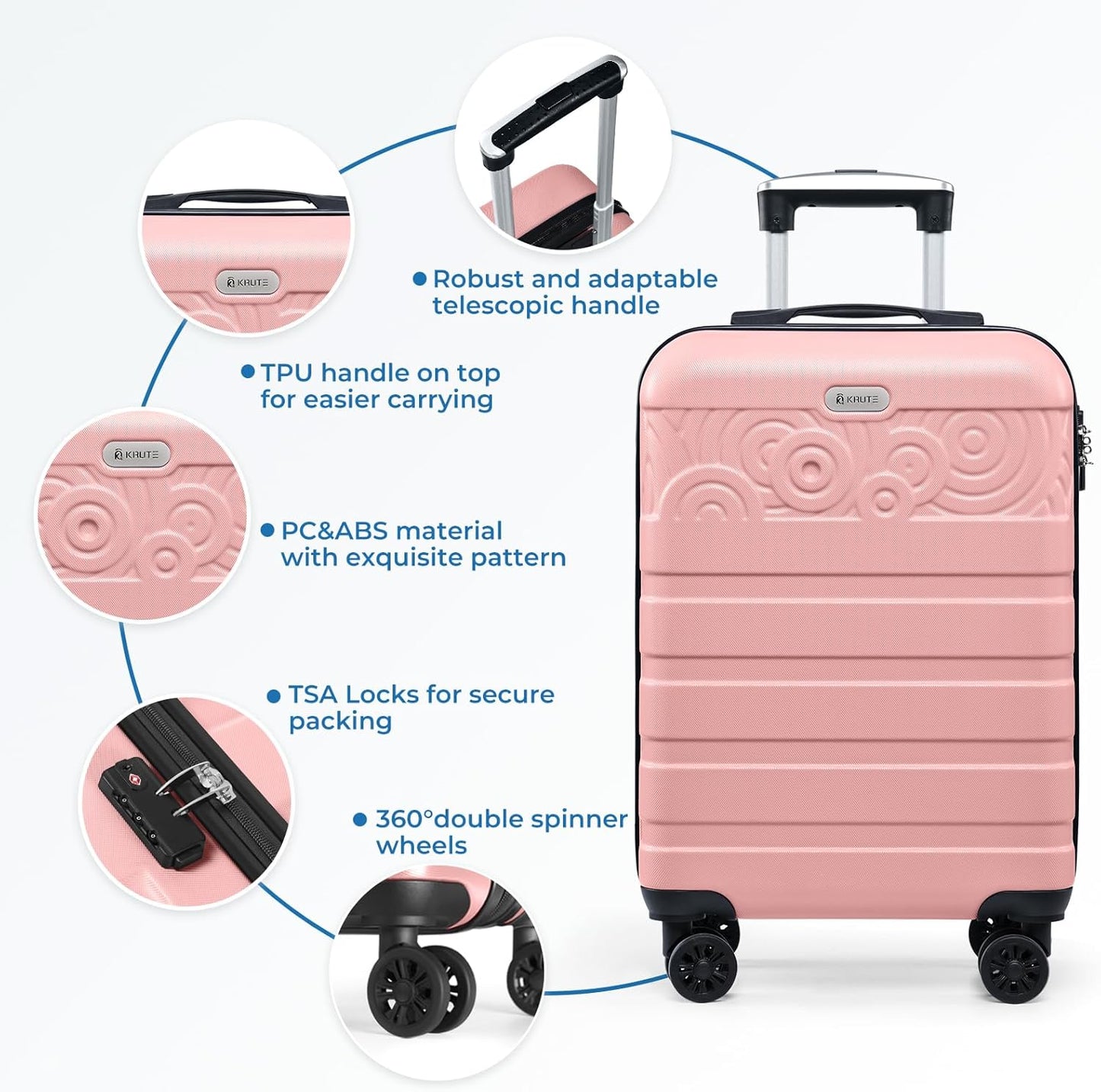 Krute 20 inch Carry On Luggage Hard Shell Suitcase with Spinner Wheels Airline Approved Luggages PC ABS TSA Lock Suitcase