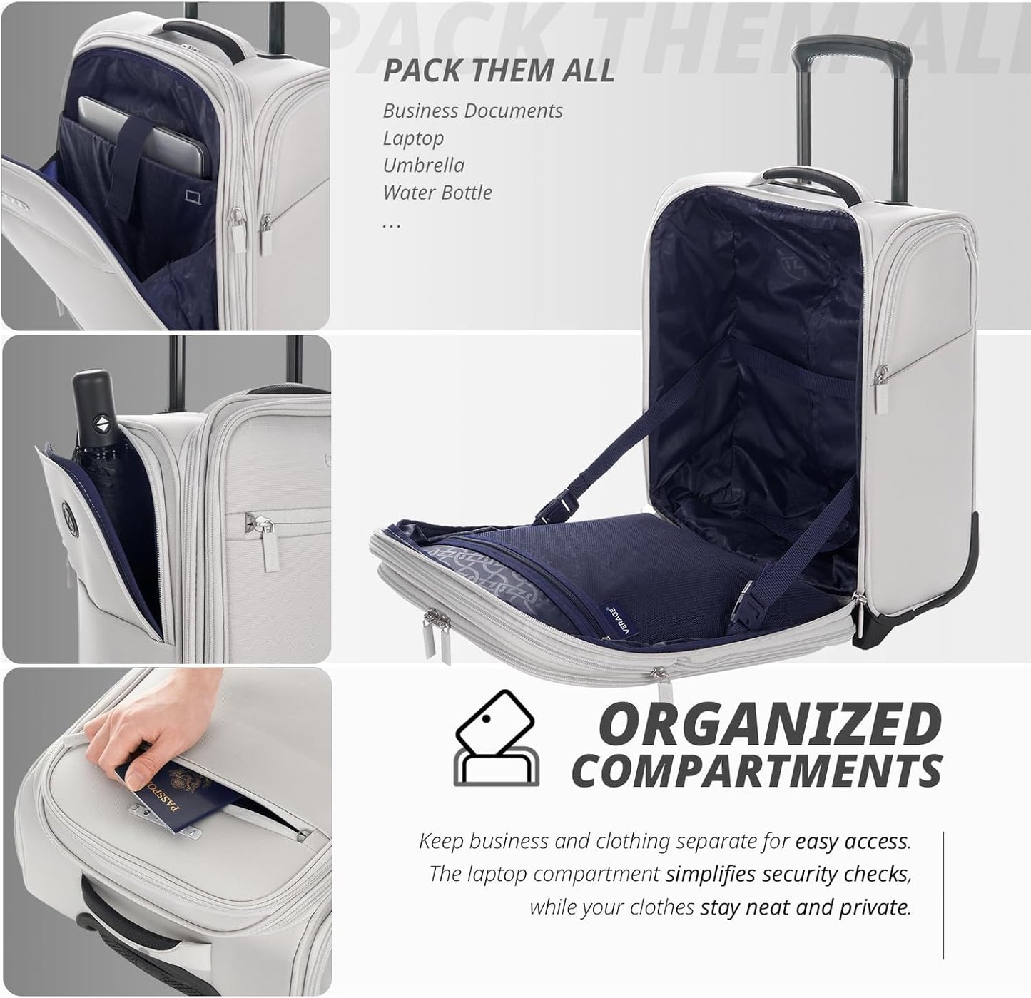 Verage Under Seat Luggage with Wheels, Softside Expanable Small Suitcase Carry On Luggage Bags for Airlines Airplanes Short Trip Men Women (Cloud Gray, 16-Inch Rolling Underseat)