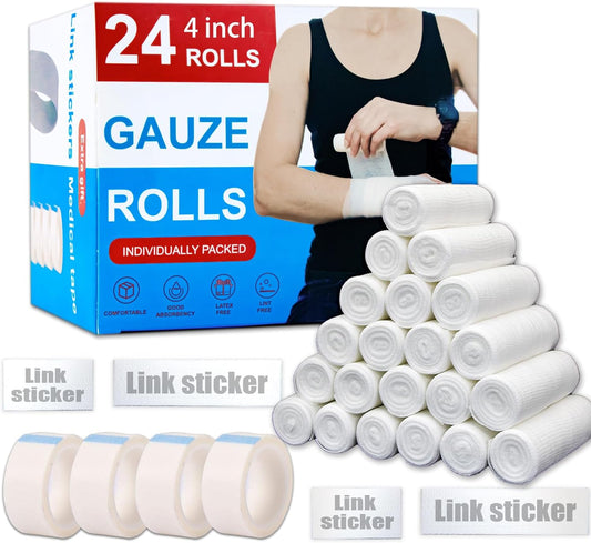 24 Pack Gauze Rolls Bandages 4 ” x 4.1 yd Premium Quality Lint and Latex-Free Conforming Stretch Designed for Wound Care for Wound Dressing Support(Ideal for Home and car First aid Kits)