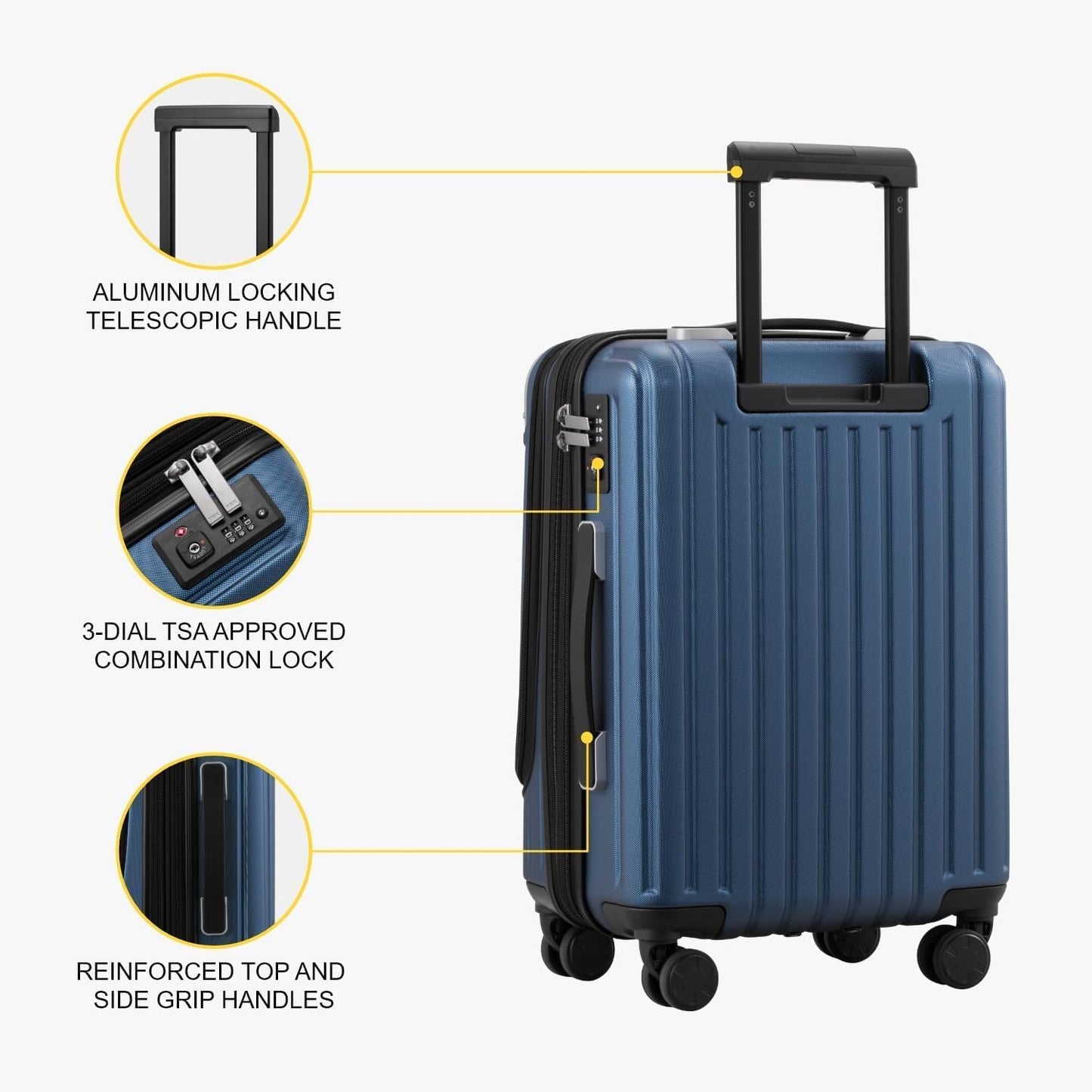 LEVEL8 Grace Carry on Luggage 22x14x9 Airline Approved, 20 Inch Hard Shell Suitcases with Spinner Wheels, Abs+Pc Hard Case Luggages with Tsa Lock for Airplane, Blue