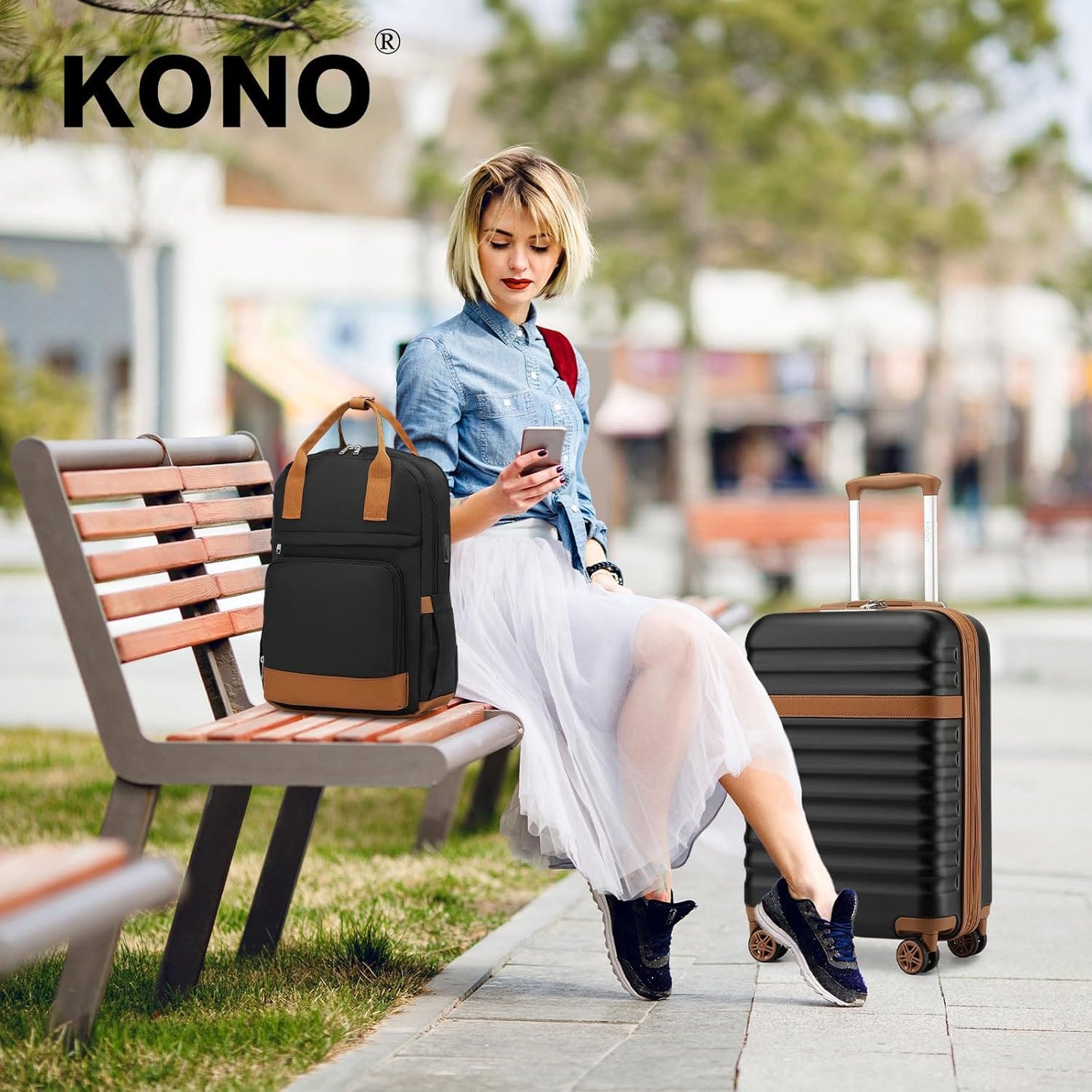 Kono Airline Approved Suitcase Set 3 Piece Luggage Set Lightweight Carry On Travel Luggage, TSA Lock Spinner Wheels Hardshell (Black/Brown, (BP/TB/20))