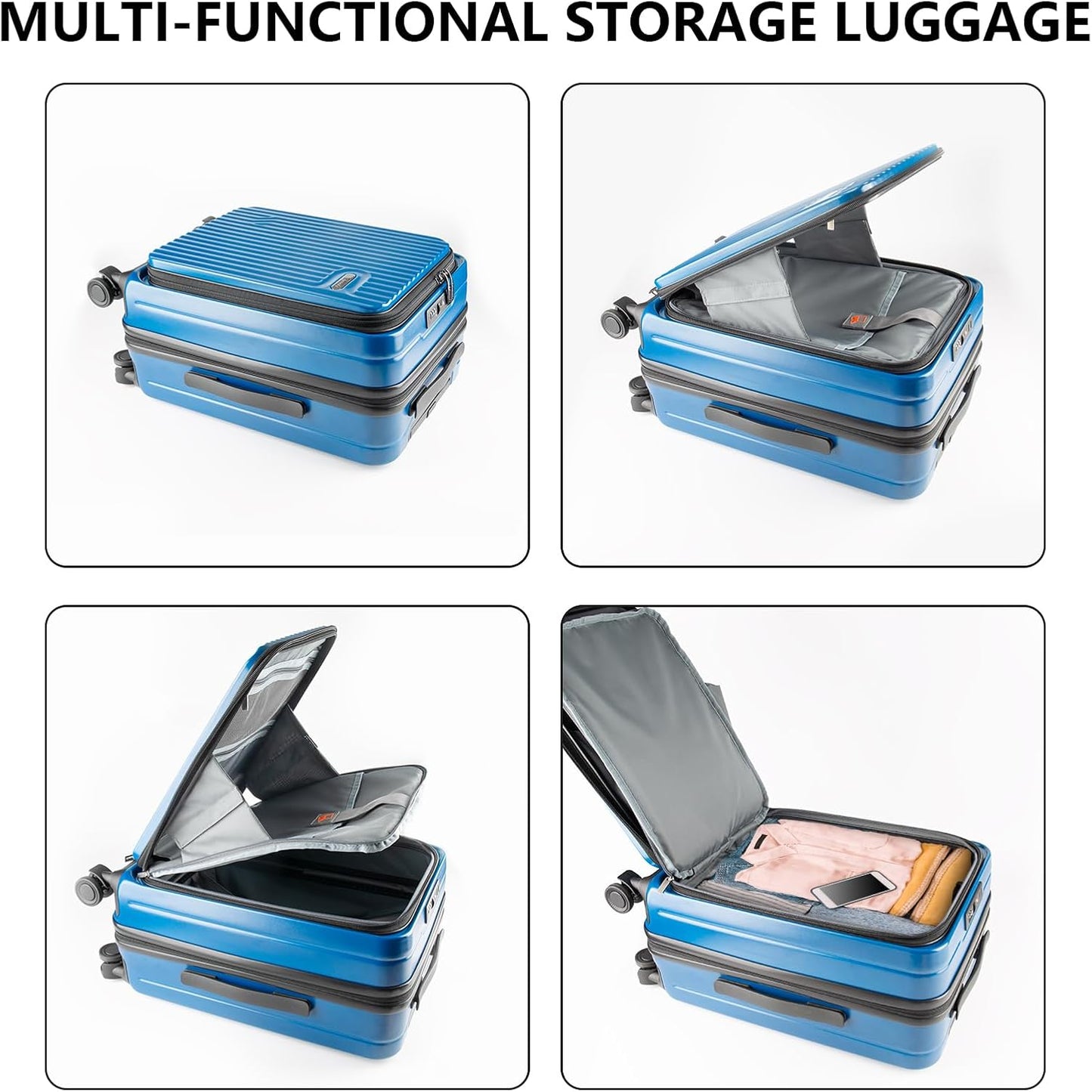 19-Inch Hardshell Carry-On Luggage with Front Compartment, 360° Spinner Wheels, TSA Lock, Cup Holder & Bag Hook - Airline Approved Business Travel Suitcase (Blue)