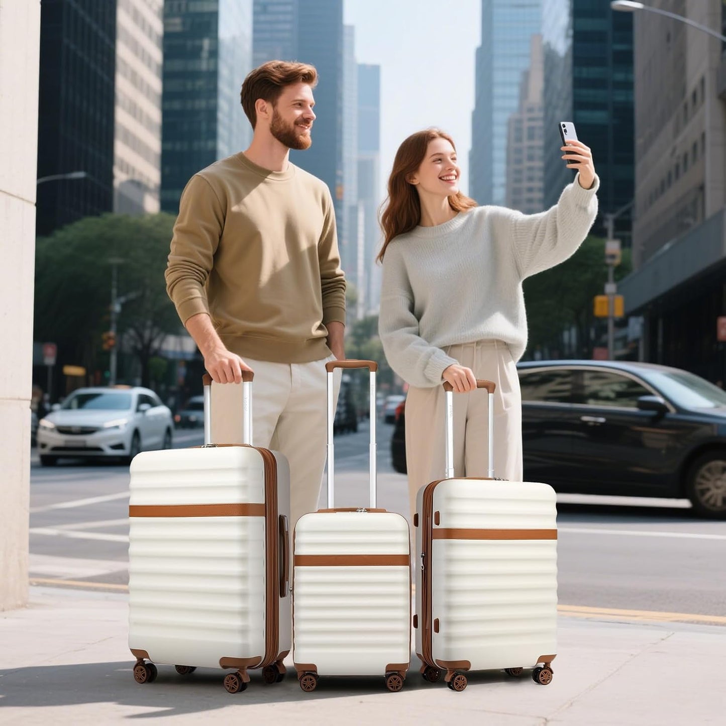 Kono Luggage Set 3 Pieces Expandable ABS Durable Suitcase Hardside with Double Spinner Wheels Tsa Lock Cream White(20in/24in/28in)