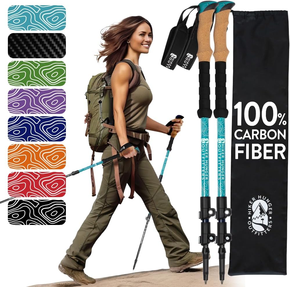 100% Carbon Fiber Trekking Poles by USA Brand - Ultra Strong Lightweight Collapsible Hiking Poles with Cork and EVA Foam Grips & Quick Adjustable Flip Locks