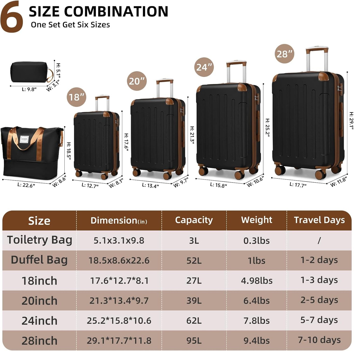 LARVENDER Luggage Sets 6 Piece Suitcases with Wheels, Expandable Suitcase Set ABS Hard Shell Luggage for Women with TSA Lock Double Spinner Wheels (Black Brown, 6 Piece Set)