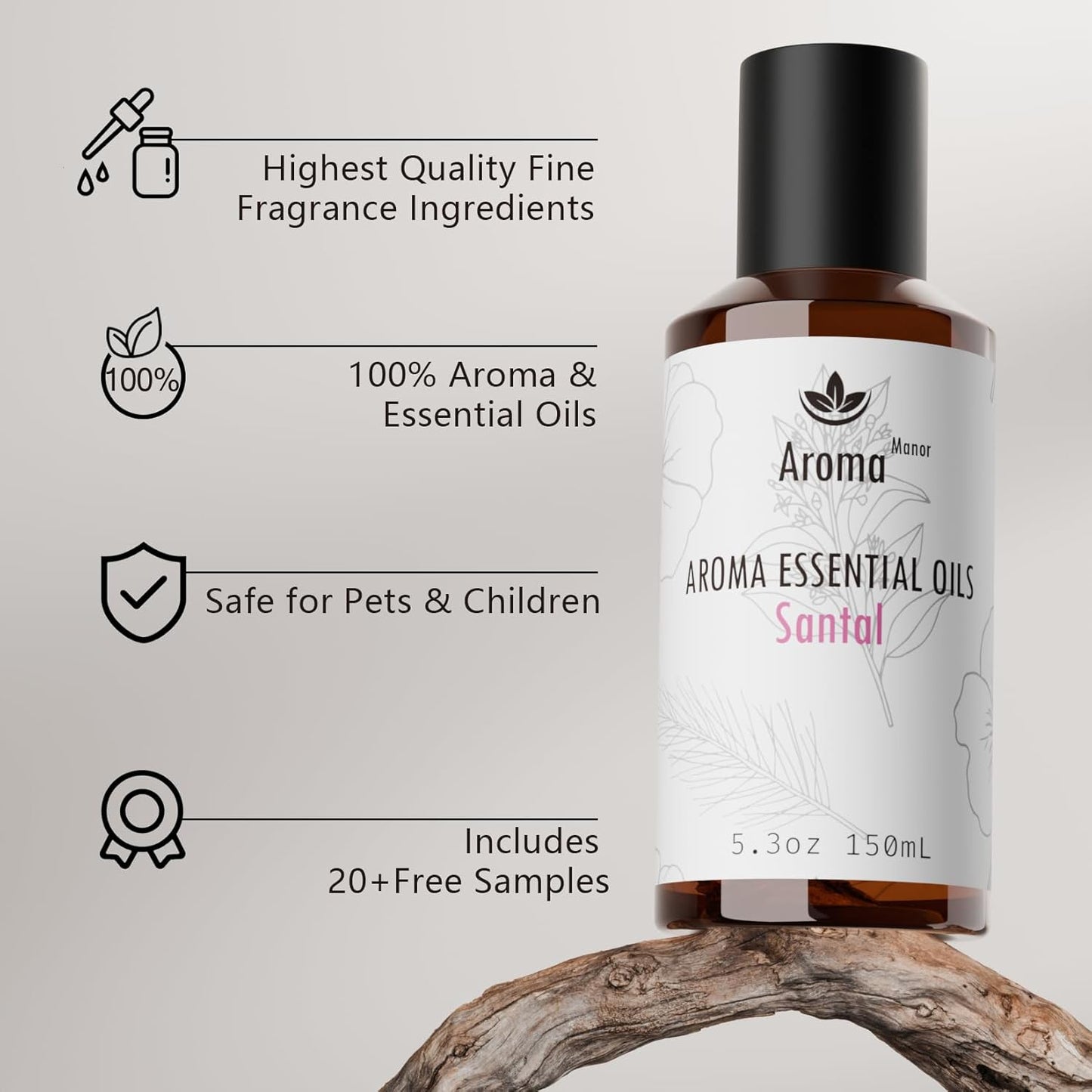 Car Diffuser Oil - Santal Essential Oil Blend - Luxury Hotel Inspired Home Aromatherapy Diffuser Oil - Sandalwood, Violet, Geranium, Cedar - for Diffuser, Humidifier, Reed - 150ML