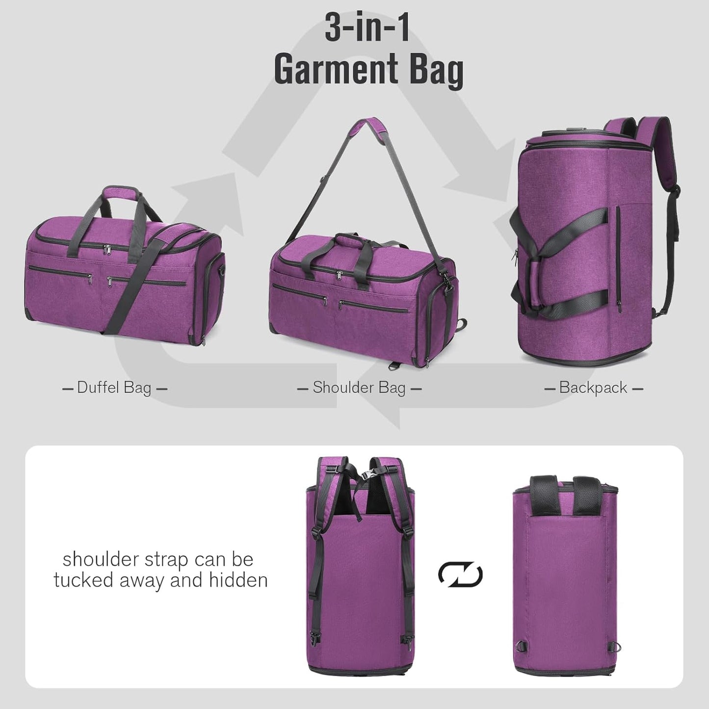 Bukere Carry on Garment Duffle Bag for Travel, Convertible Suit Bag with Backpack Shoulder Straps, Shoe Compartment, Waterproof 3 in 1 Weekender Suit Bag for Men Women