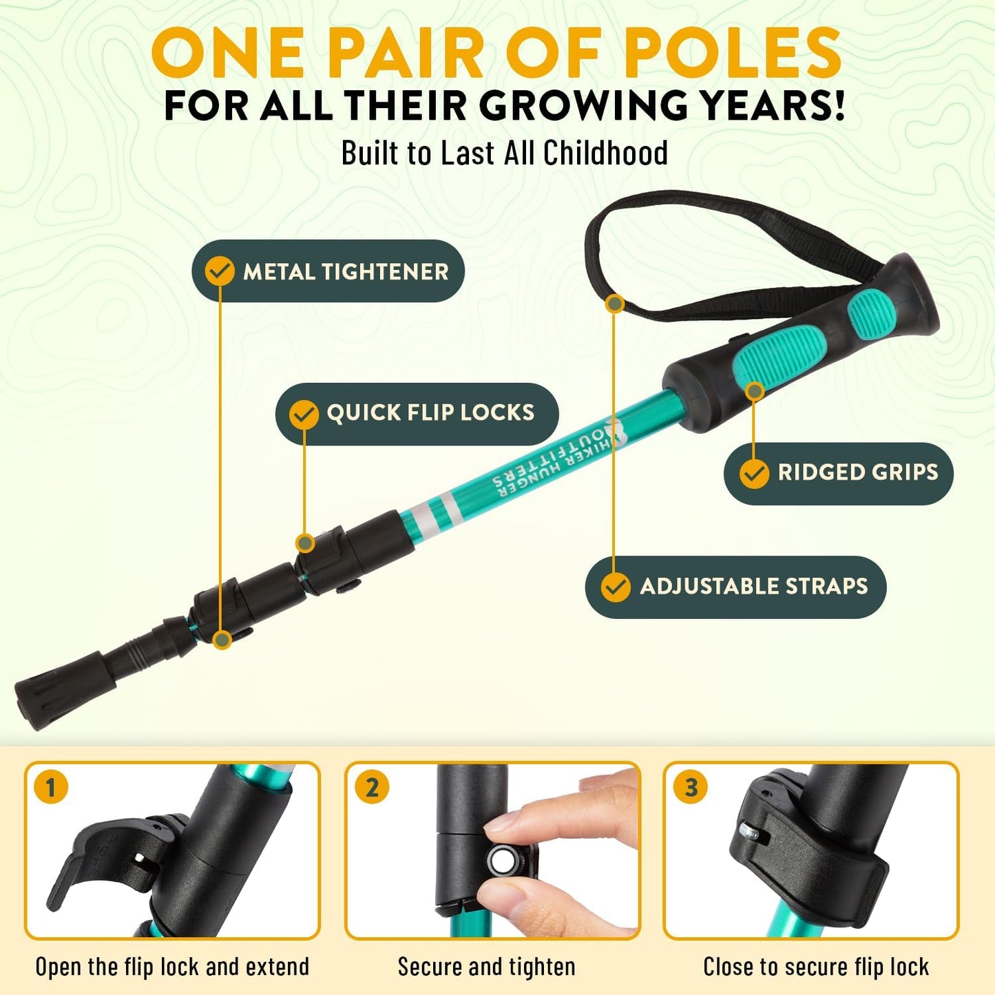 Kids Hiking Poles by USA Brand - Lightweight Collapsible Kids Walking Stick w/Quick Adjustable Flip Locks