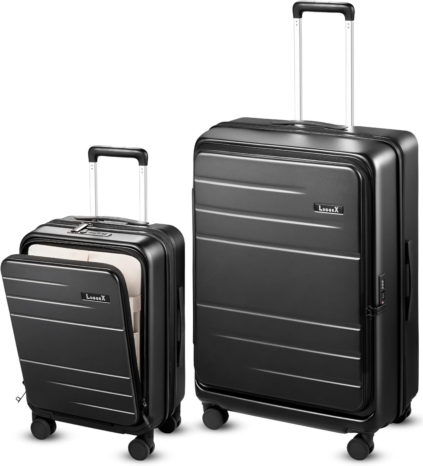 Luggage Sets 2 Piece, FLO5 Expandable Polycarbonate Hard Shell Suitcase Sets with Front Pocket (FX-Core, Black, 20/28 Inch)