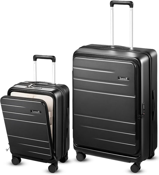 Luggage Sets 2 Piece, FLO5 Expandable Polycarbonate Hard Shell Suitcase Sets with Front Pocket (FX-Core, Black, 20/28 Inch)