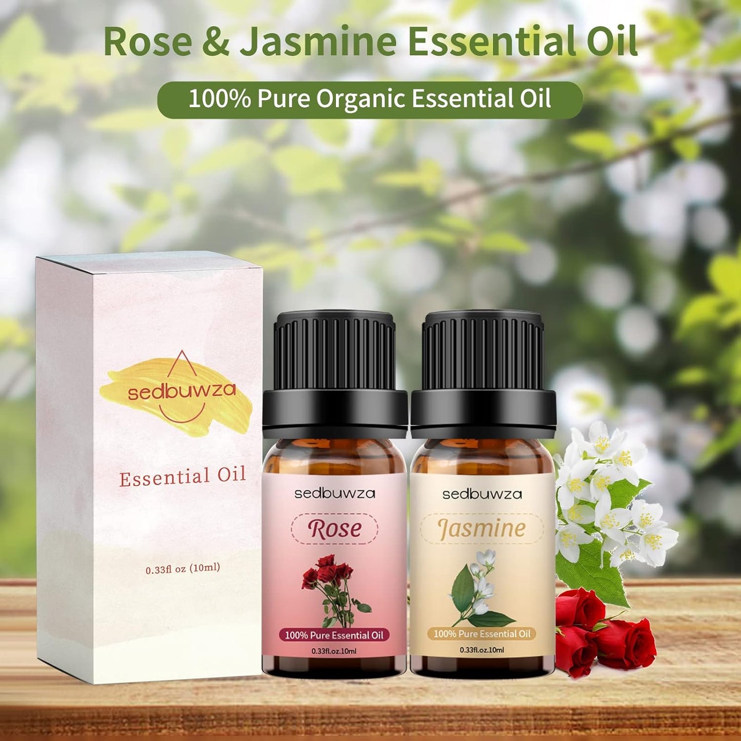 Sedbuwza Rose Jasmine Essential Oil Set, Rose Fragrance Oil Jasmine Scent Oil Set for Diffuser, Aromatherapy, Massage, Soap, Candle Making 2 x 10 ml