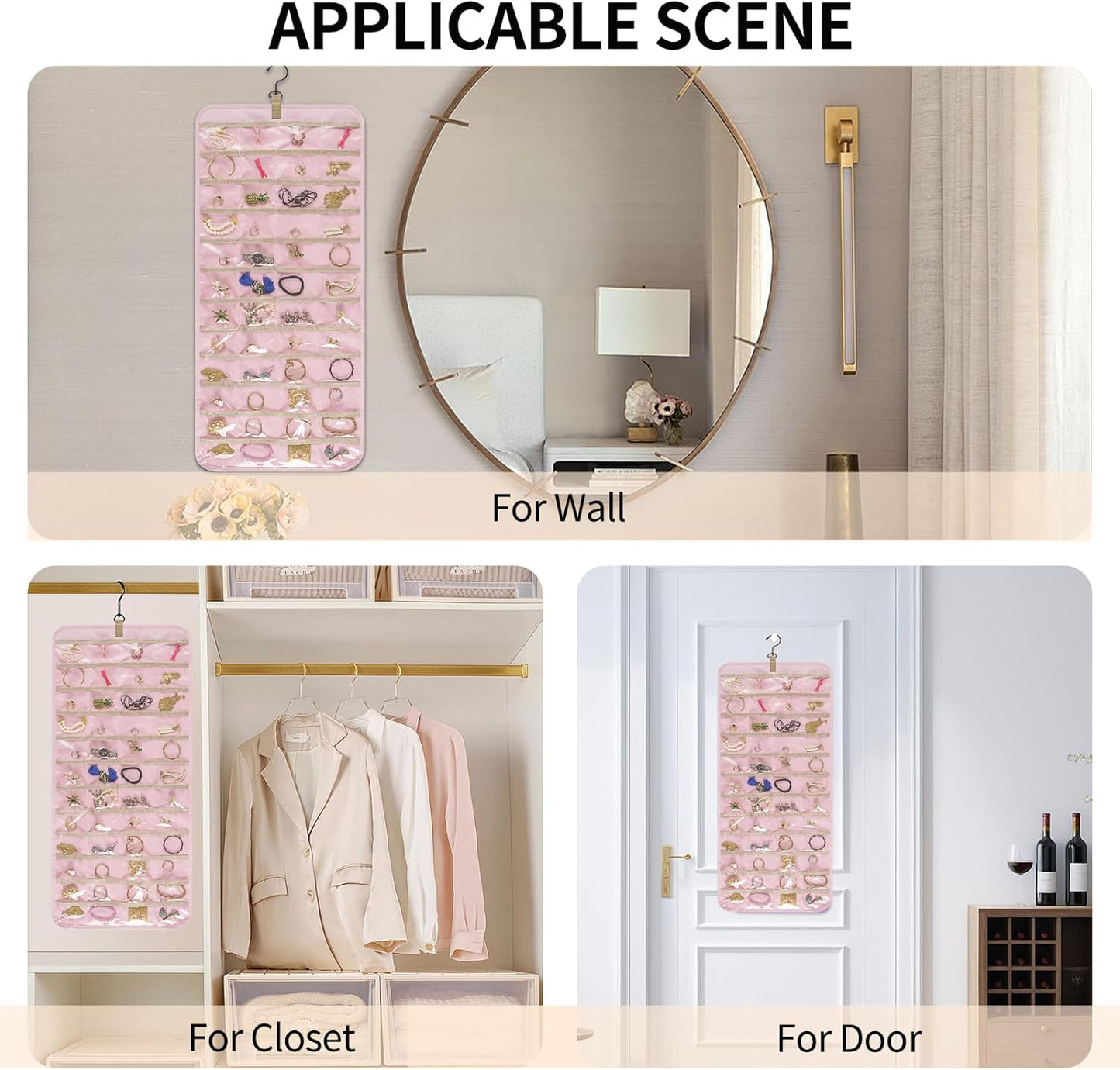 Bloss Hanging Jewelry Organizer with 48 Pockets, Double-Size Hanging Jewelrys Holder with Hanger Hooks, Jewelry Organizers and Storage for Earrings, Necklaces and Rings,Pink