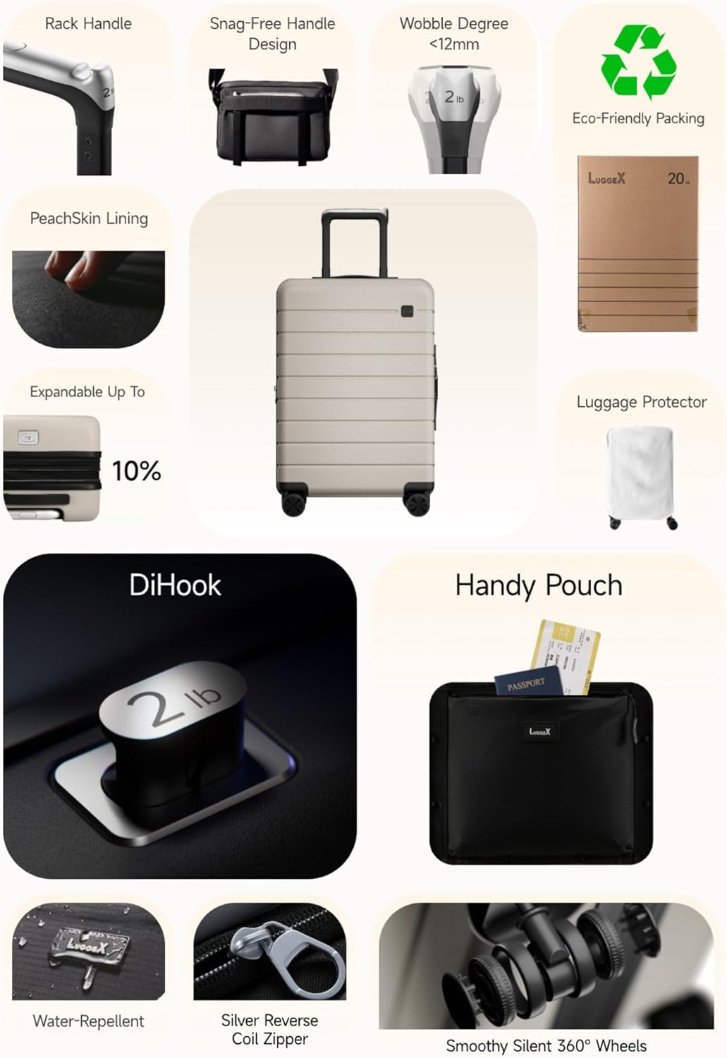 LUGGEX Carry On Luggage HUP3, Accelerate Access with DiHook, Handy Pouch, 20 inch Expandable Hard Shell Suitcases with Spinner Wheels (HX-Core)