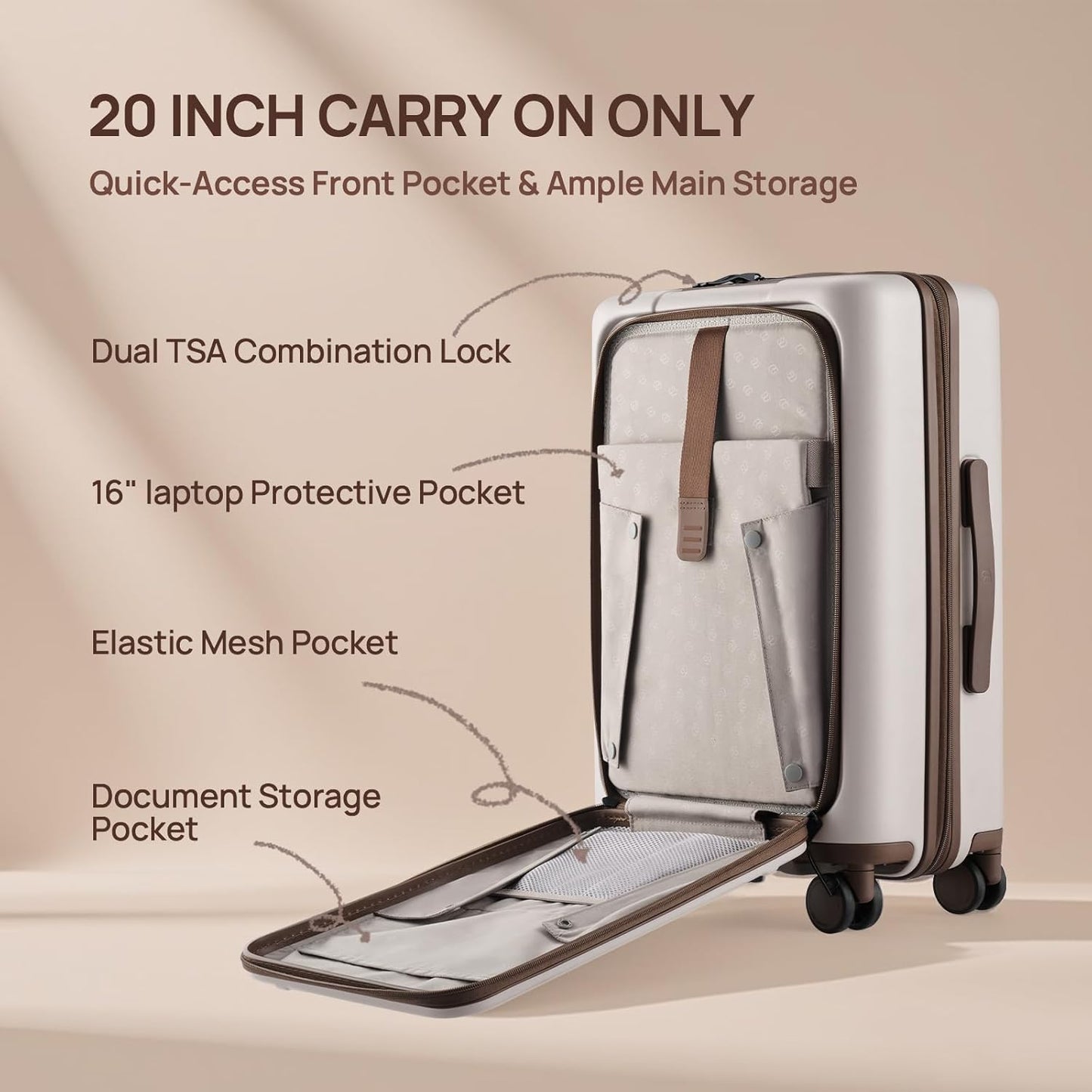 NINETYGO Carry On Luggage 22x14x9 Airline Approved, 20 Inch Suitcase with Front Compartment & Cup Holder, Coffee-Infused PC Hard Shell, Eco-Friendly, TSA Lock, 360° Spinner Wheels (Latte)