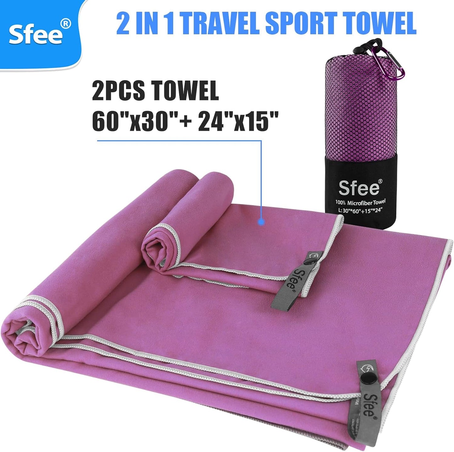 Sfee 2 Pack Microfiber Travel Towel, Quick Dry Camping Towel Large Beach Towel Super Absorbent Compact Lightweight Sports Gym Towels for Beach, Gym, Hiking, Pool, Backpacking, Bath, Yoga