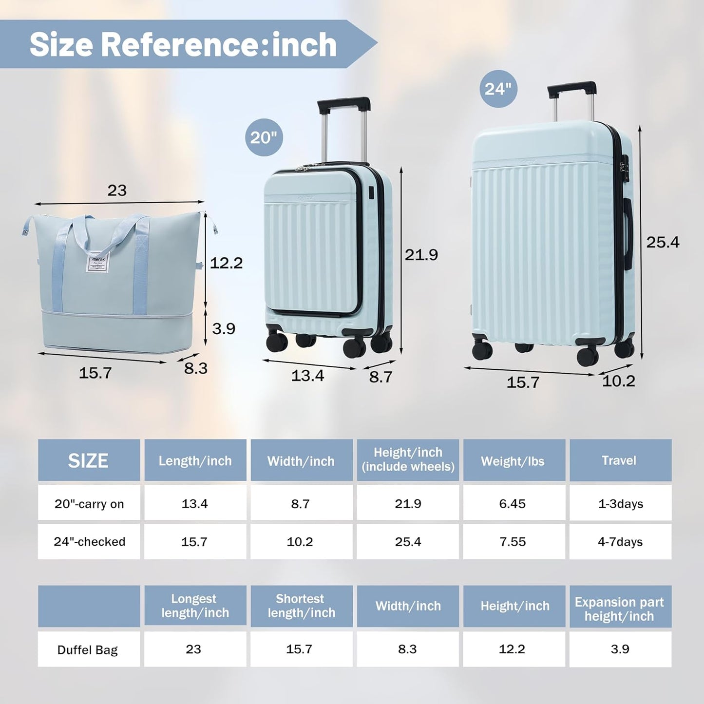Merax Luggage Sets Front Opening, 2 Piece Hardshell Suitcase with Spinner Wheels and Bags,Lightweight Carry on Luggage with USB Port,20+24,Light Blue