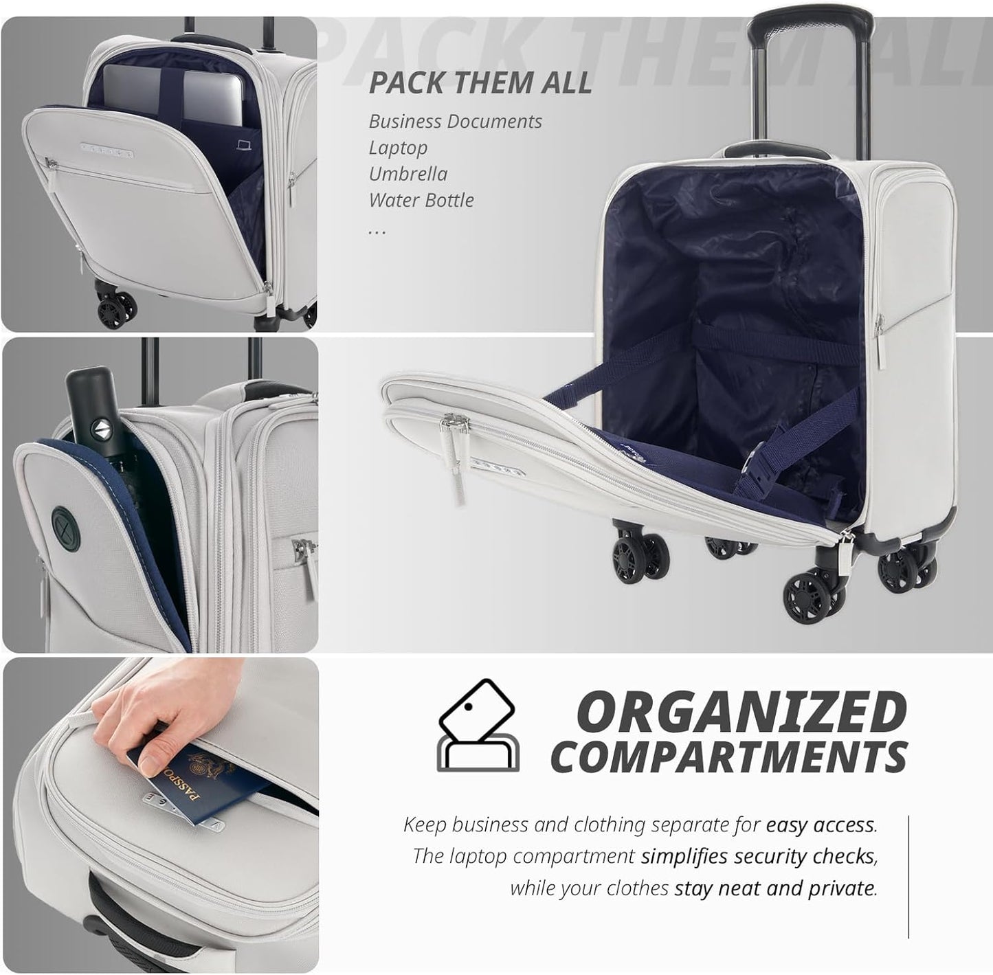 Verage Under Seat Luggage with Wheels, Softside Small Suitcase Spinner Carry On Luggage Bags for Airlines Airplanes Short Trip Men Women (Cloud Gray, 14-Inch Underseat)