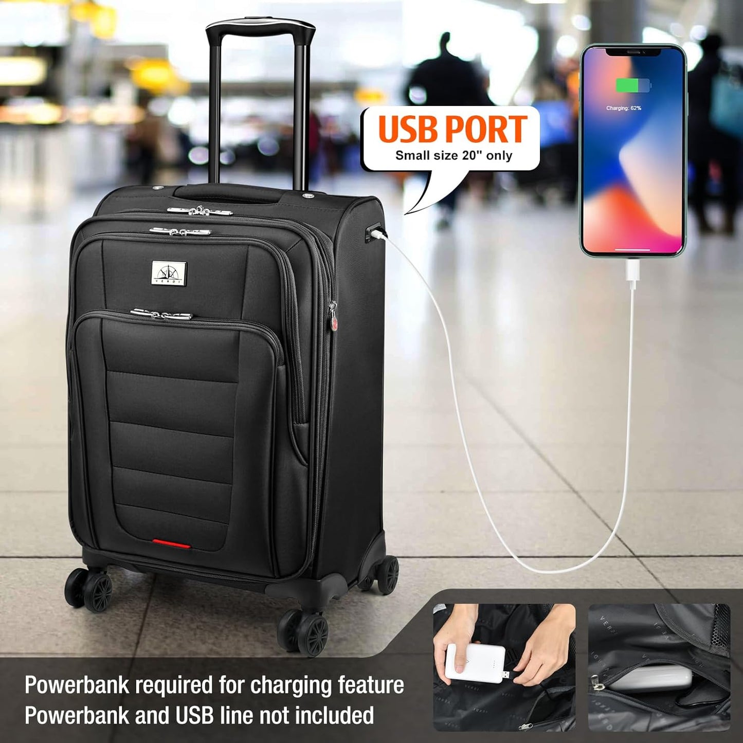 Verdi Softside Expandable Carry-On Luggage with Spinner Wheel USB Port Lightweight (Black, 20-Inch Carry-On)