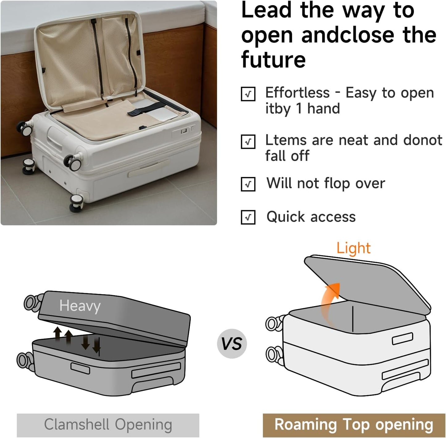 ROAMING Expandable 24-Inch Checked Luggage with Mute Brake Wheels Airline Approved Hard Shell Suitcases with Front Pocket Top Opening Luggage with TSA Lock for Short Business Travel, Beech white
