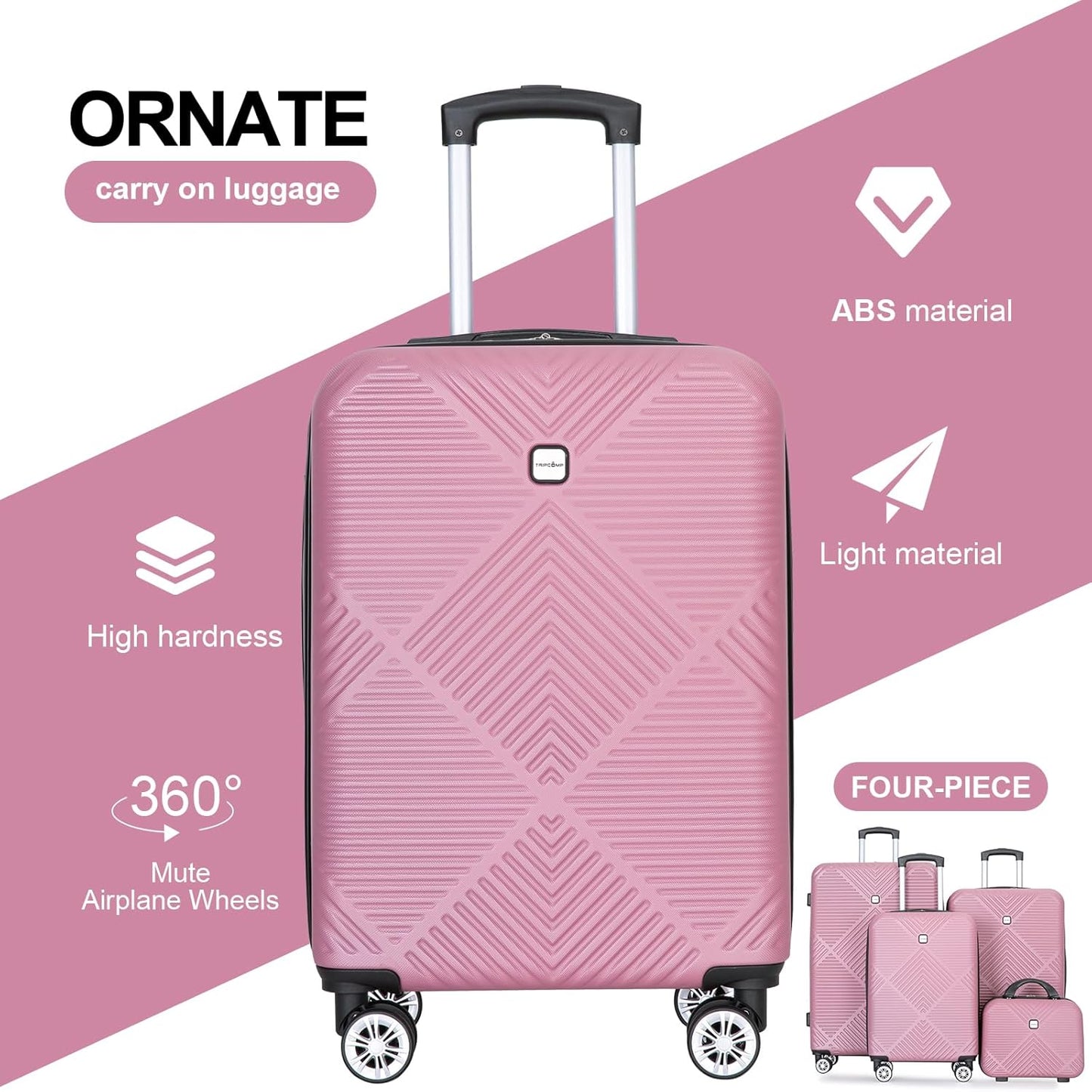 Luggage 4 Piece Set, Hardshell ABS Suitcase Set with Double Spinner Wheels, Lightweight Suitcase, Carry On and Checked Travel Luggage,Rose Pink