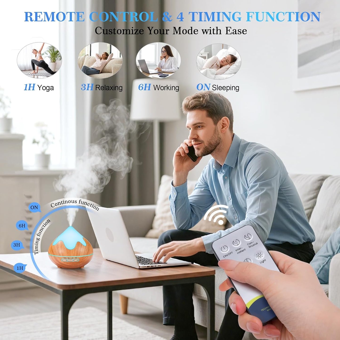 500ML Essential Oil Diffuser, Aromatherapy Diffuser with Remote Control, Multifunctional Air Diffusers for Home Office Room, Fragrance Aroma Diffuser with 7 Color LED & 2 Mist Mode, Light Brown