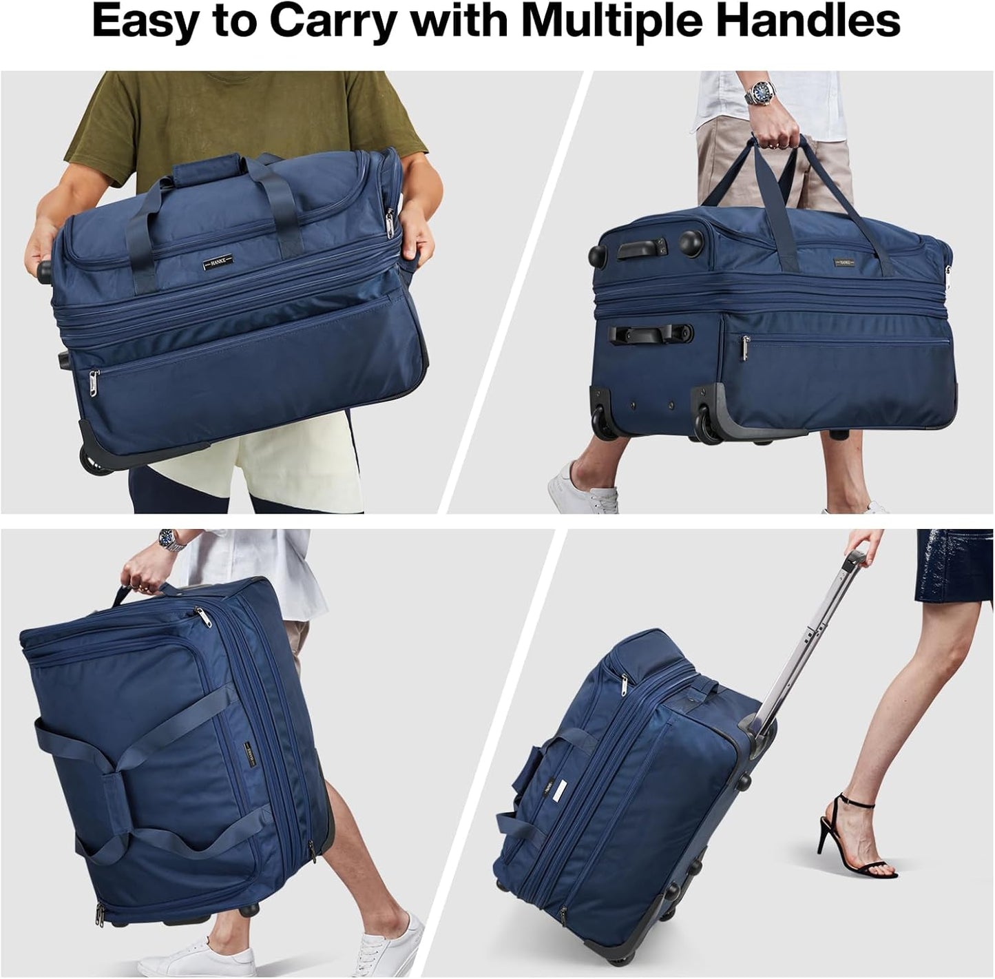 Hanke Large Expandable checked Luggage Suitcases with Wheels Foldable Duffle Bag for Travel suitcase for Women Men Garment Bag（Blue）