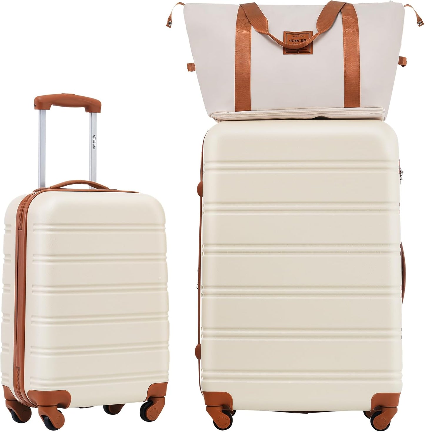 Merax Luggage Sets Carry on Suitcase Airline Approved,Hard Case Expandable Spinner Wheels, White and Brown, 3-Piece Set (20+28IN+Bag)