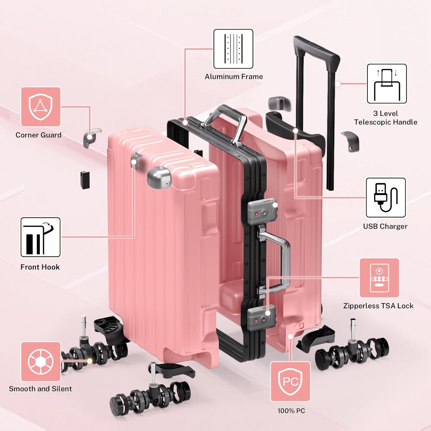 Krute Checked Aluminum Frame Suitcase 24 Inch Zipperless Luggages Hardside PC Luggage With Spinner Wheels TSA Lock USB Charger Suitcases(1 Piece)