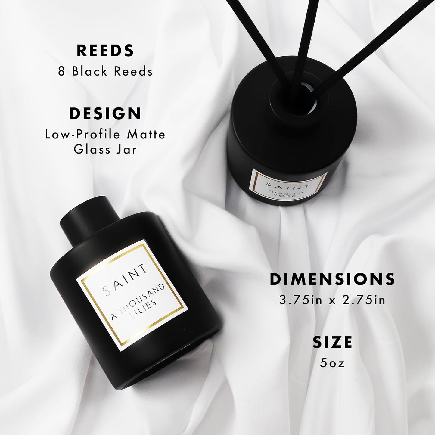 SAINT Reed Diffuser, Aromatherapy Diffuser Set with Scent Diffuser Sticks, Long-Lasting Oil Diffuser in Matte Black Glass Jar, Aroma Diffuser for Home, Bedroom, or Bathroom, 5oz, A Thousand Lilies