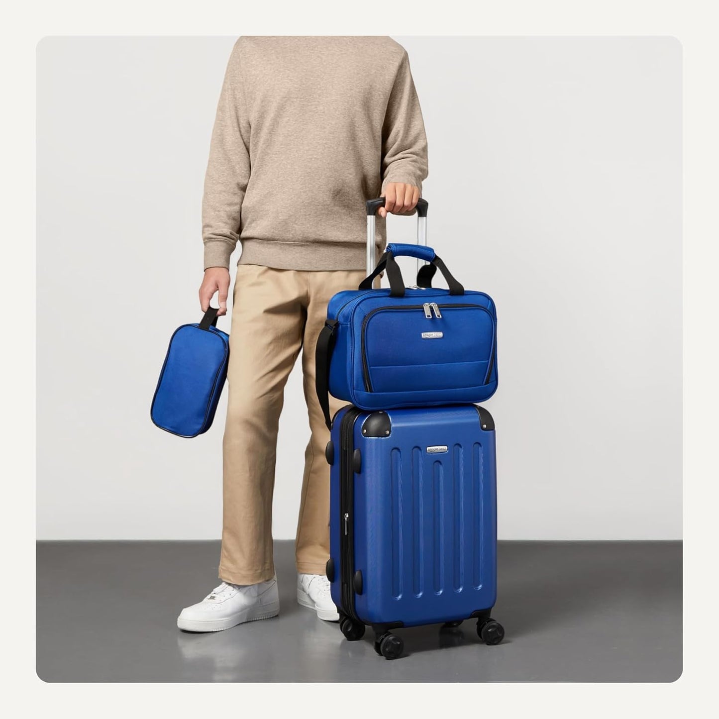 Amazon Basics 3-Piece Luggage Set, Including One Carry-On Luggage (22" Expandable Hardside Suitcase With 8 Spinner Wheels), One 15-inch Tote Bag, and One 10-inch Compact Travel Bag, Navy Blue