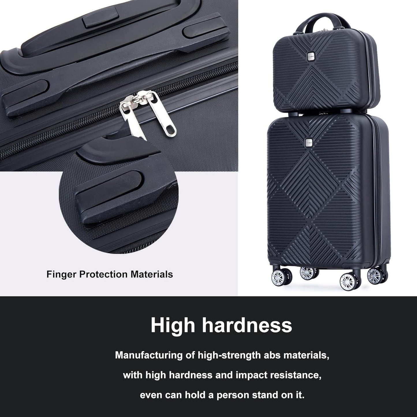 Luggage 4 Piece Set, Hardshell ABS Suitcase Set with Double Spinner Wheels, Lightweight Suitcase, Carry On and Checked Travel Luggage,Dark Black