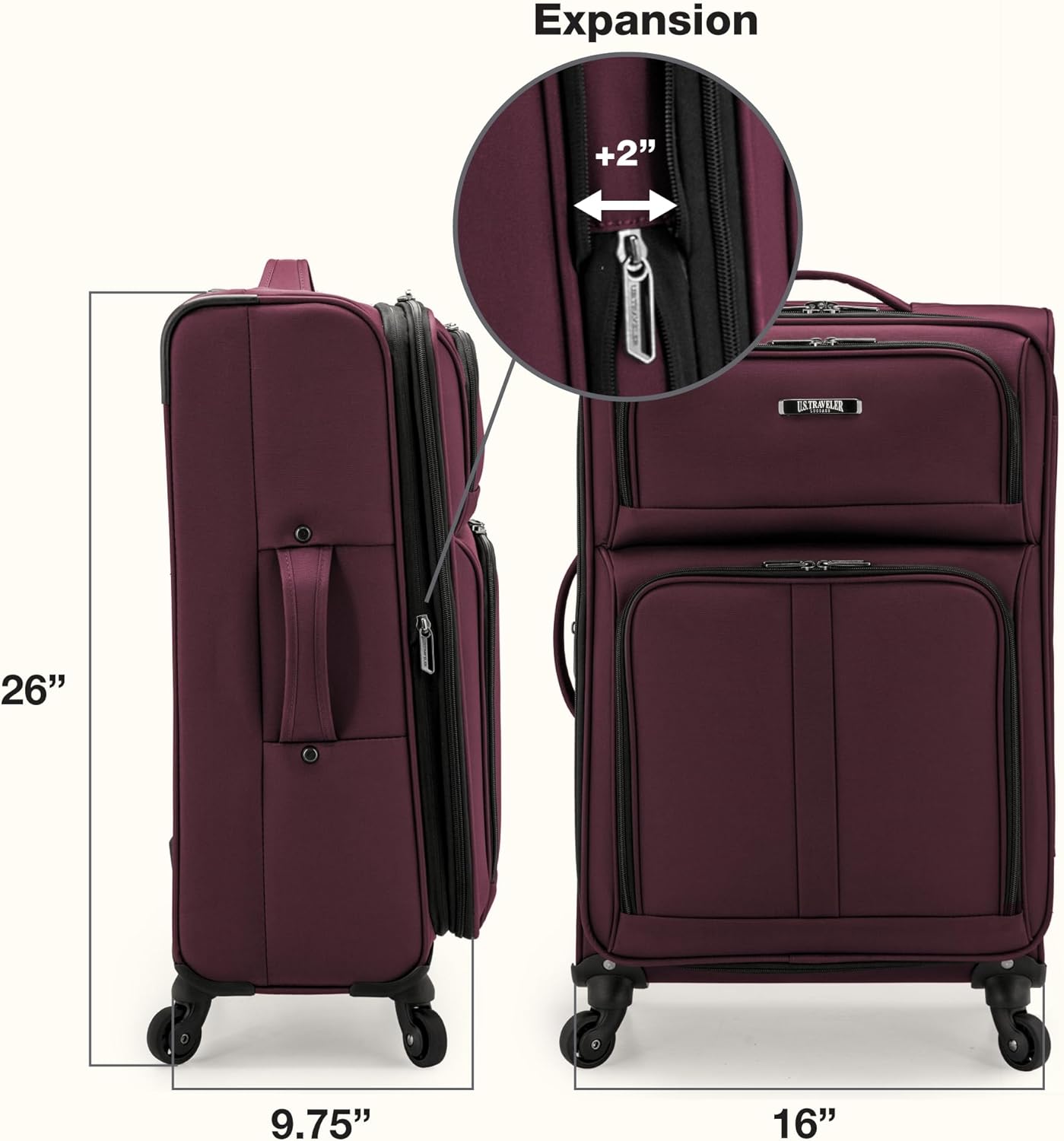 U.S. Traveler Anzio Softside Sturdy Ballistic Nylon Expandable Travel Suitcase Luggage with 4 Spinner Wheels, Burgundy, Checked-Medium 26-Inch