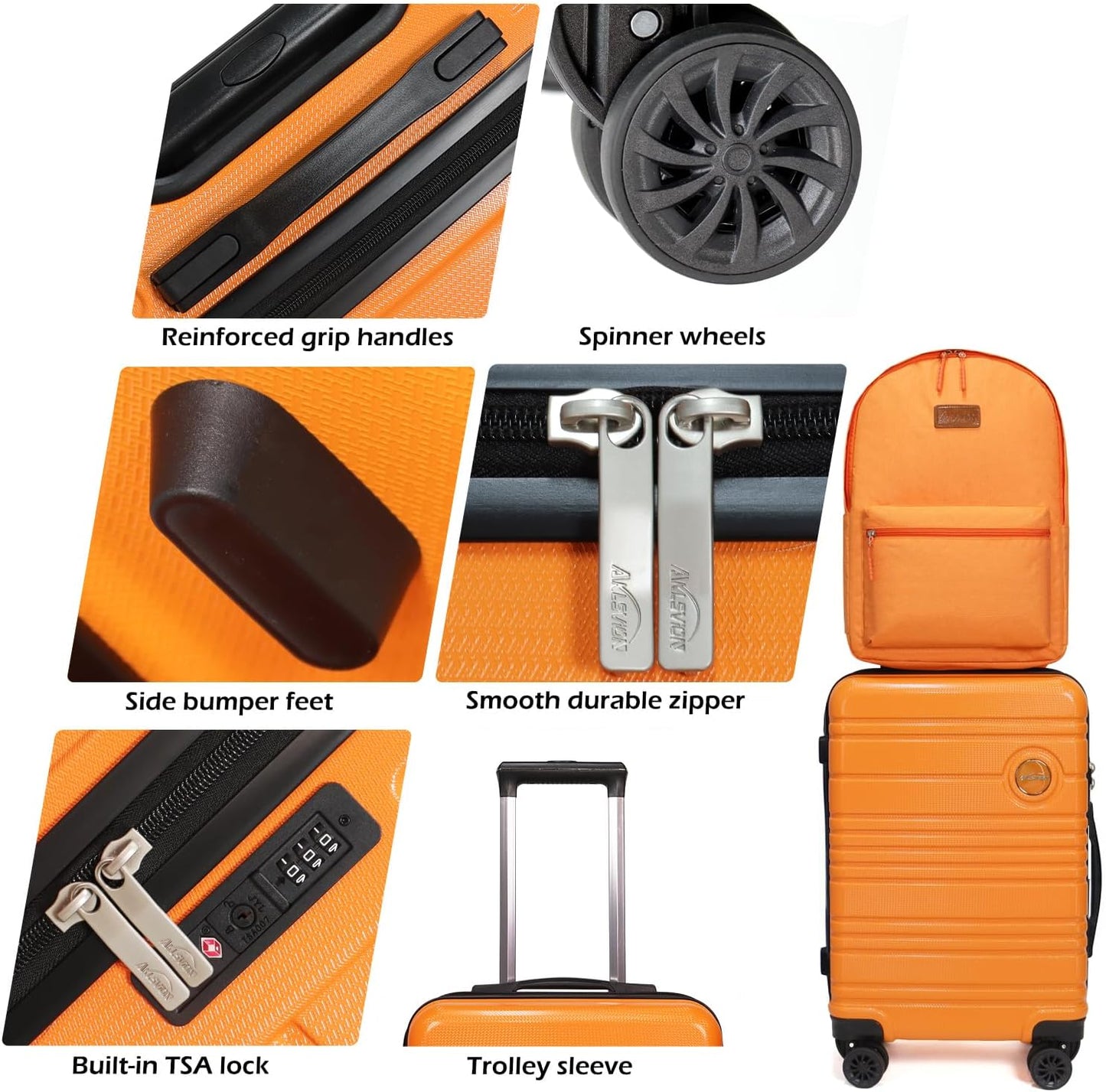 ABS+PC Carry on Luggage set with backpack 3 Pcs suitcace with Spinner wheels TSA Lock 20-In hardshell Lightweight Luggage set (Orange)