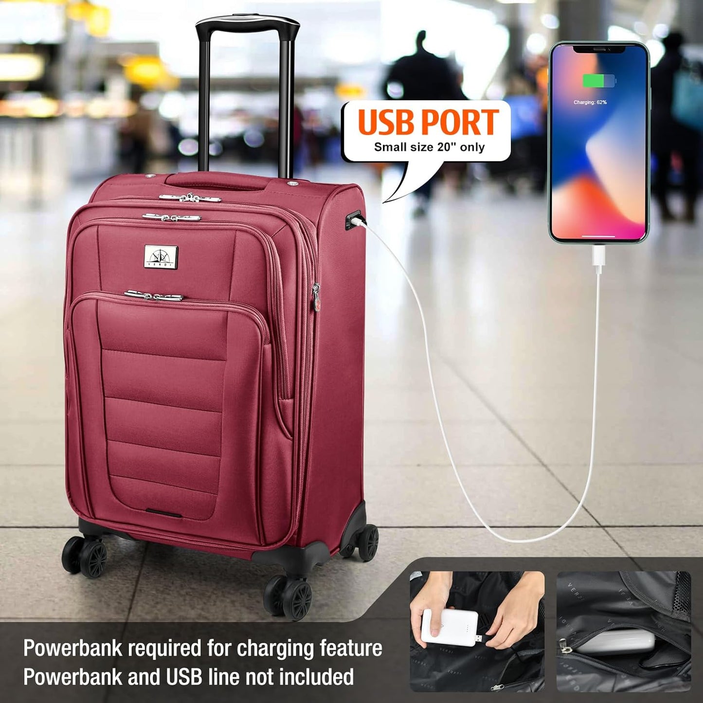 Verdi Luggage Sets of 2 Suitcase with Spinner Wheels Softside Expandable, Carry On Luggage with USB Port (Burgundy, 2-Piece set(20/28))
