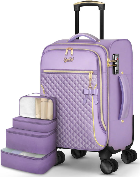 Carry On Luggage 22x14x9 Airline Approved, 20 Inch Softside Suitcase with 4 Pcs, Lightweight Luggage for Women with TSA Lock and 4 Spinner Wheels, Soft Side Carry-on Suitcases for Travel, Purple