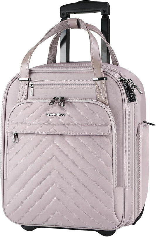 VANKEAN Carry On Underseat 16-inch Multi-functional Underseater Lightweight Overnight Suitcase with Wheels, Roller Case for Women Travel Business, Light Dusty Pink