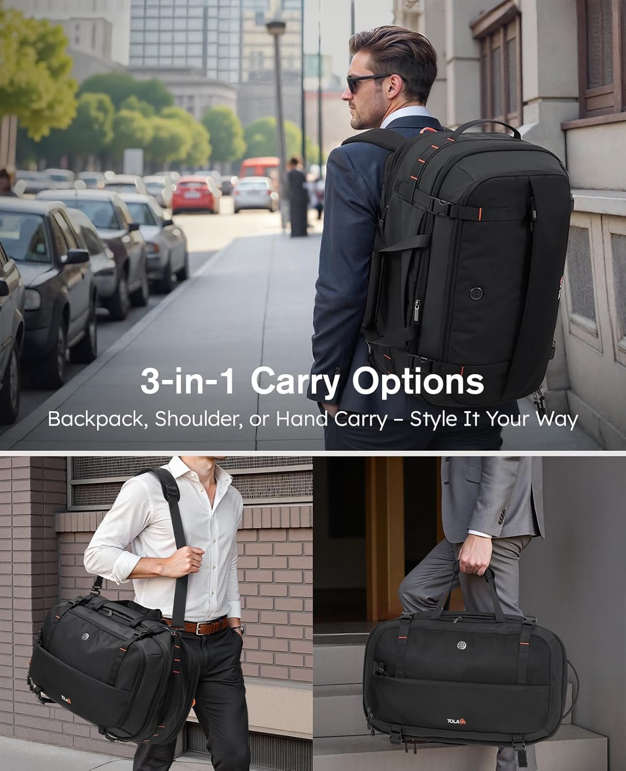 Tolaccea Large Convertible Garment Duffel Bag, Suit Carry On Backpack, TSA Flight Approved for Wrinkle-Free Travel with Dual Laptop Storage for 17.3" and 12.9" & Extra Toiletry Bag, 45-55L Expandable