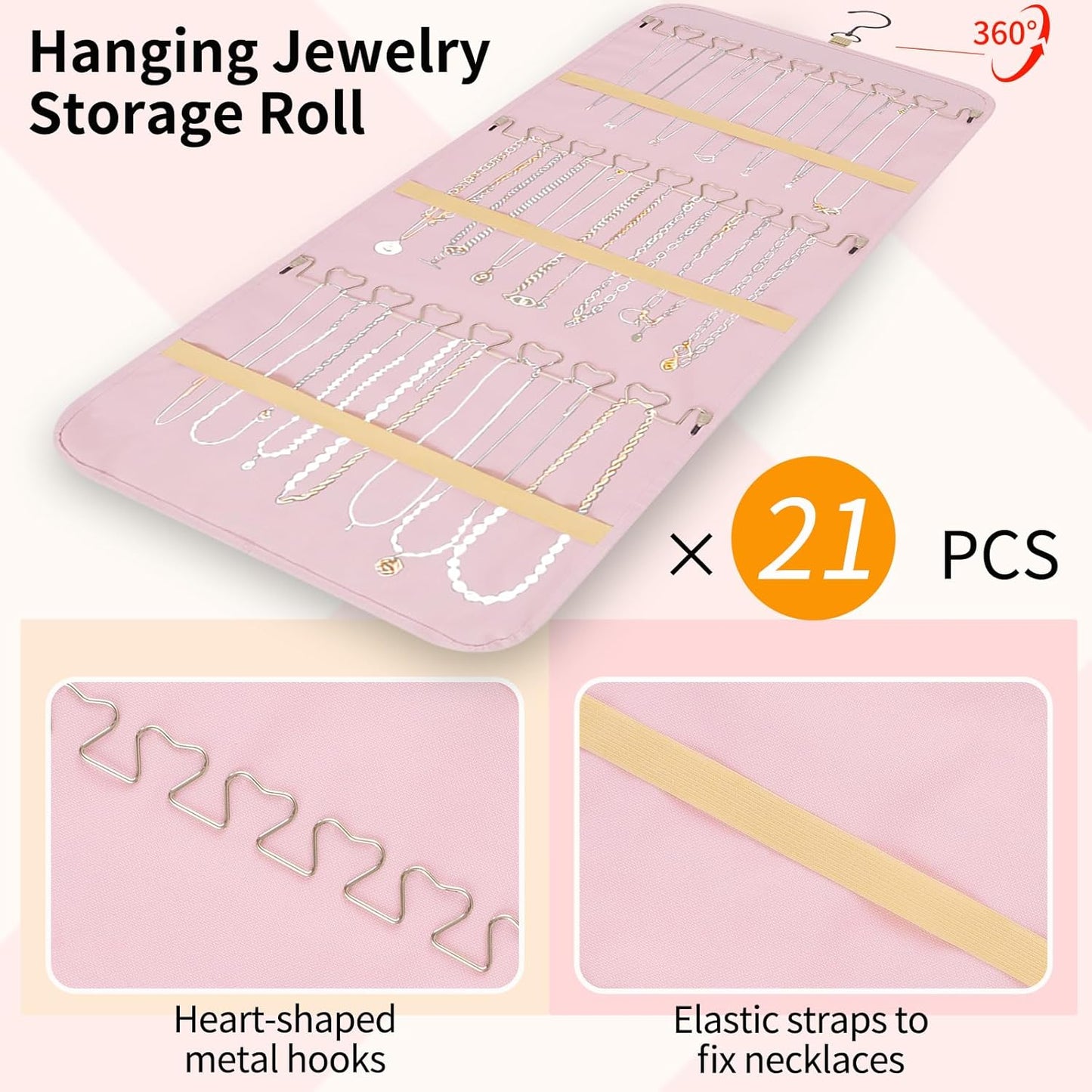 Bloss Hanging Jewelry Organizer with 48 Pockets, Double-Size Hanging Jewelrys Holder with Hanger Hooks, Jewelry Organizers and Storage for Earrings, Necklaces and Rings,Pink
