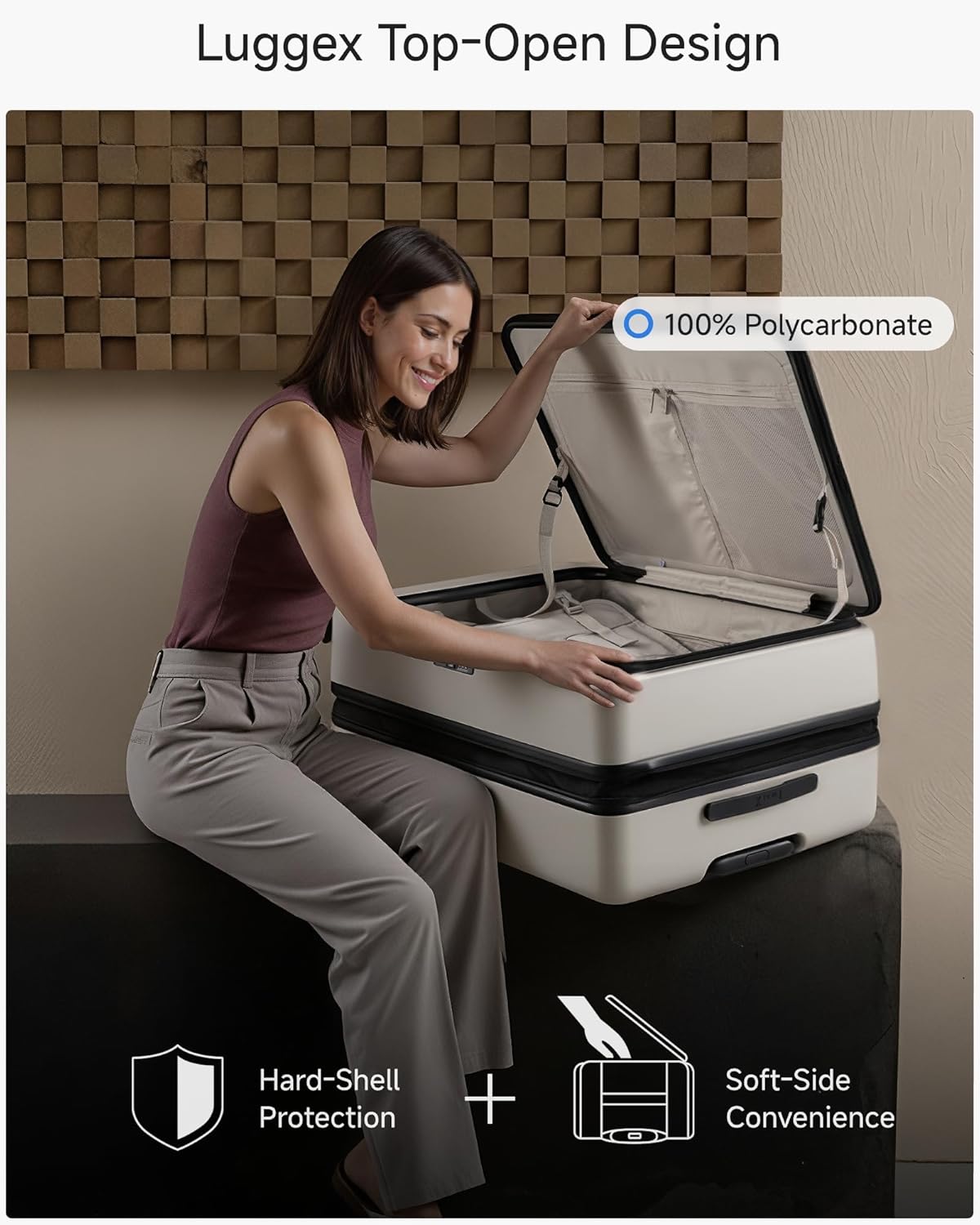 LUGGEX Checked Suitcase Top Opening, FLT Expandable Polycarbonate Hard Shell Suitcase with Wheels (FX-Lite, Beige, 28 Inch, 105L-115L)